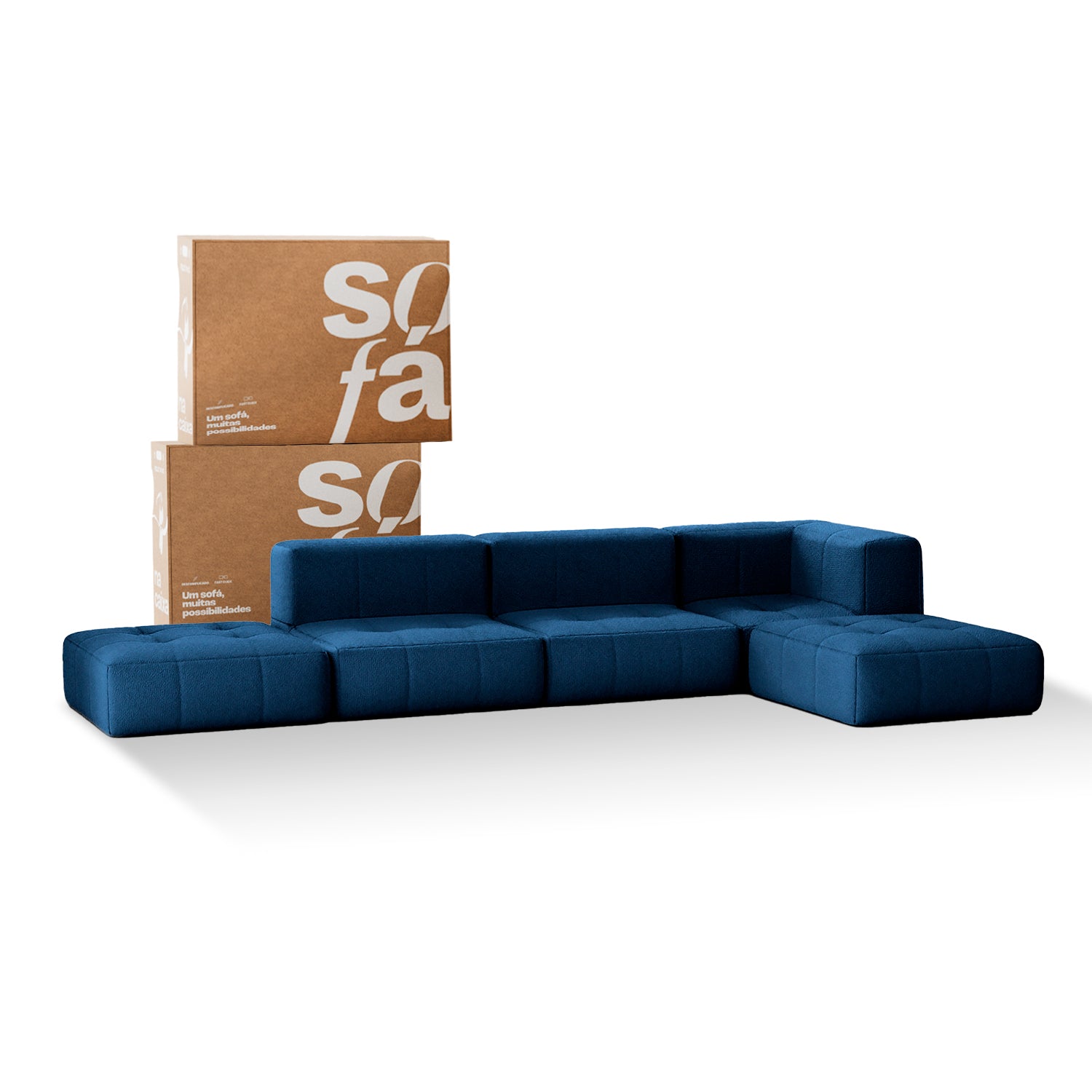 Sofá na Caixa modular 3 lugares em Boucle - 1 Braço com 2 Chaises - Azul