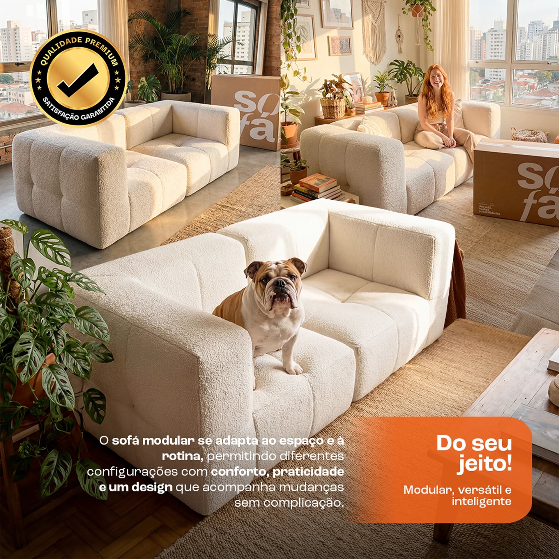 Sofá na Caixa modular 2 lugares em Boucle - Linho