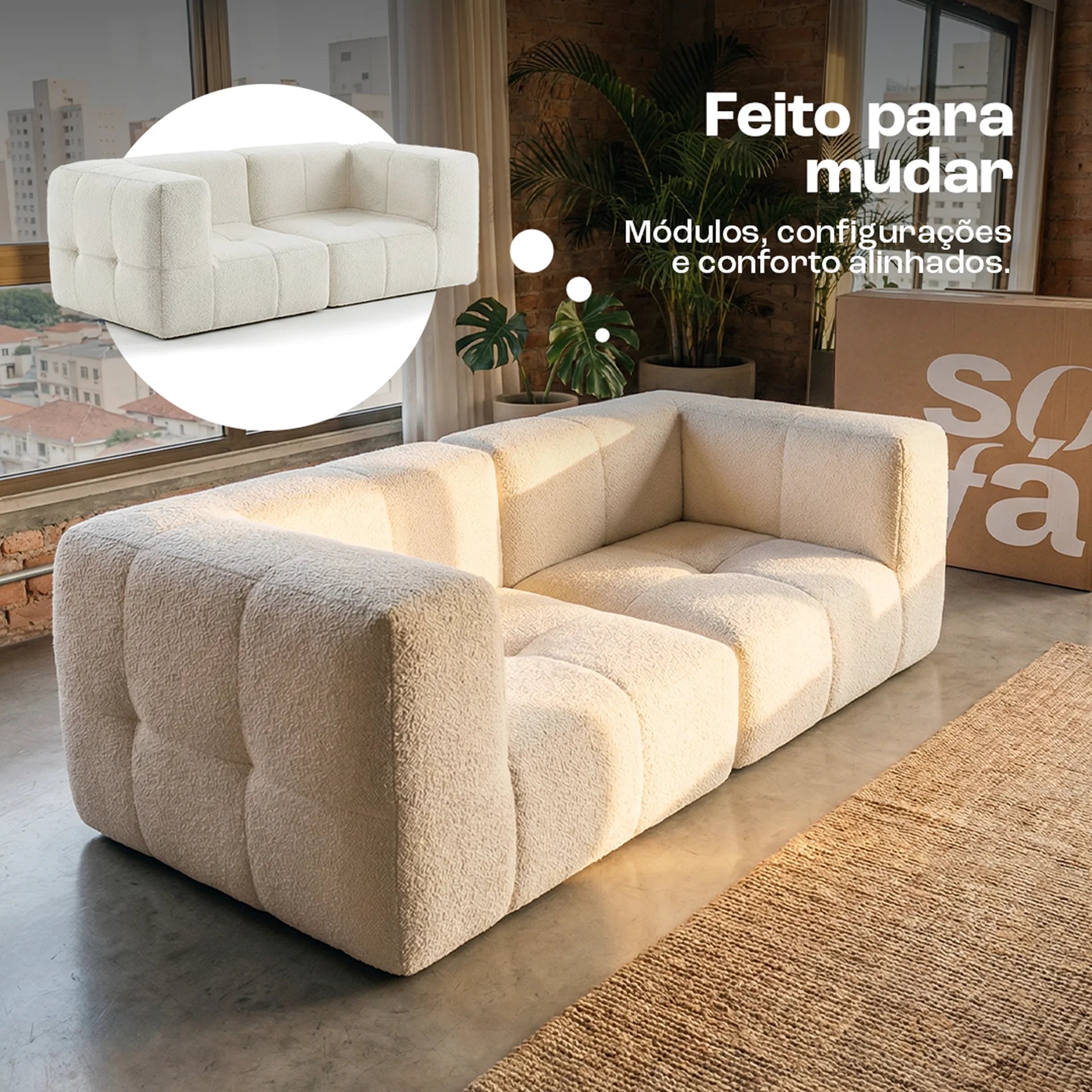 Sofá na Caixa modular 2 lugares em Boucle - Linho