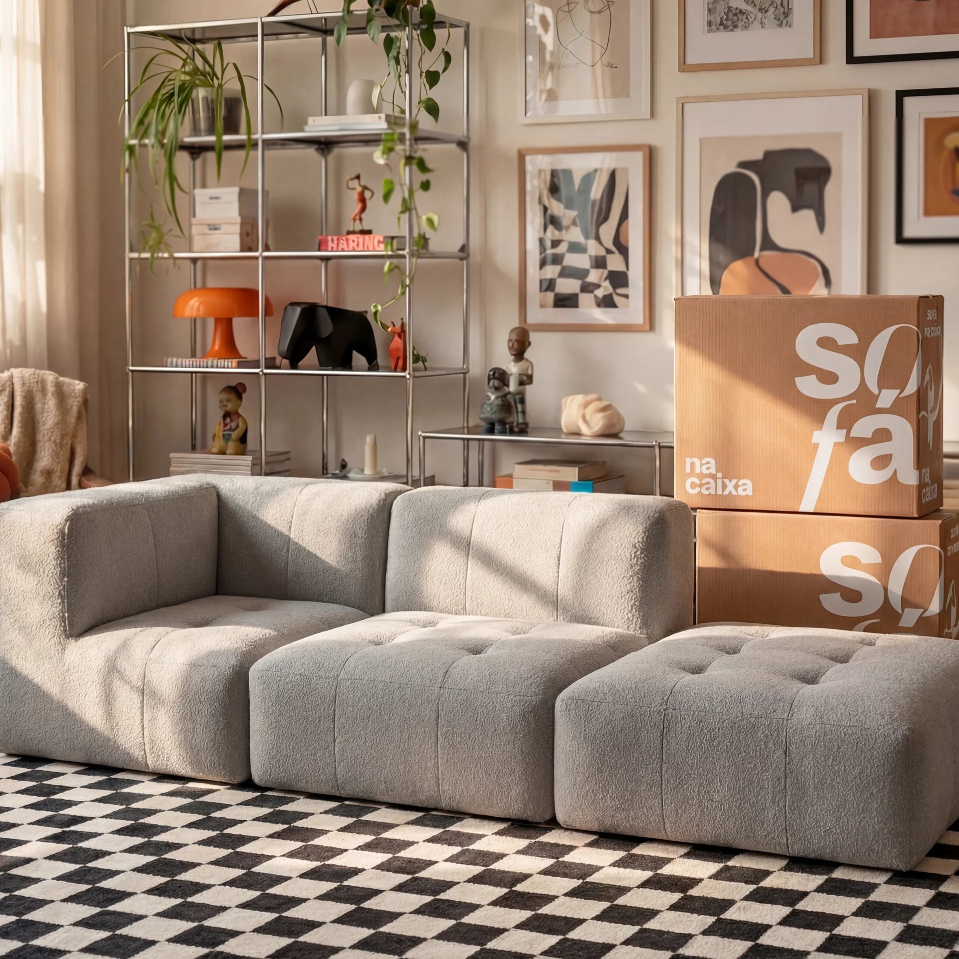 Sofá na Caixa modular 2 lugares em Boucle - 1 Braço com Apoio de pé - Cinza