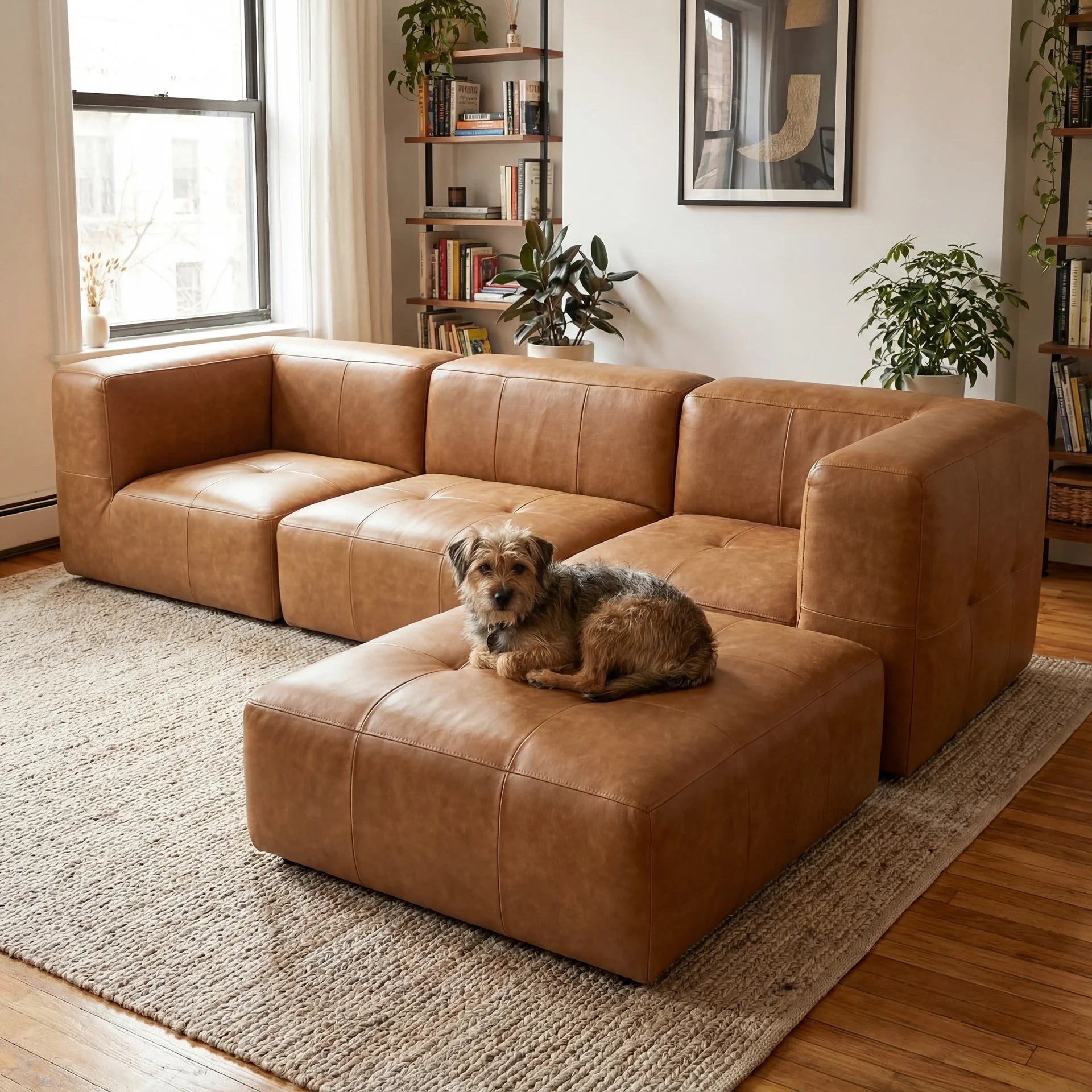 Sofá na Caixa modular 3 lugares Poli-Couro Marrom com Apoio de pé