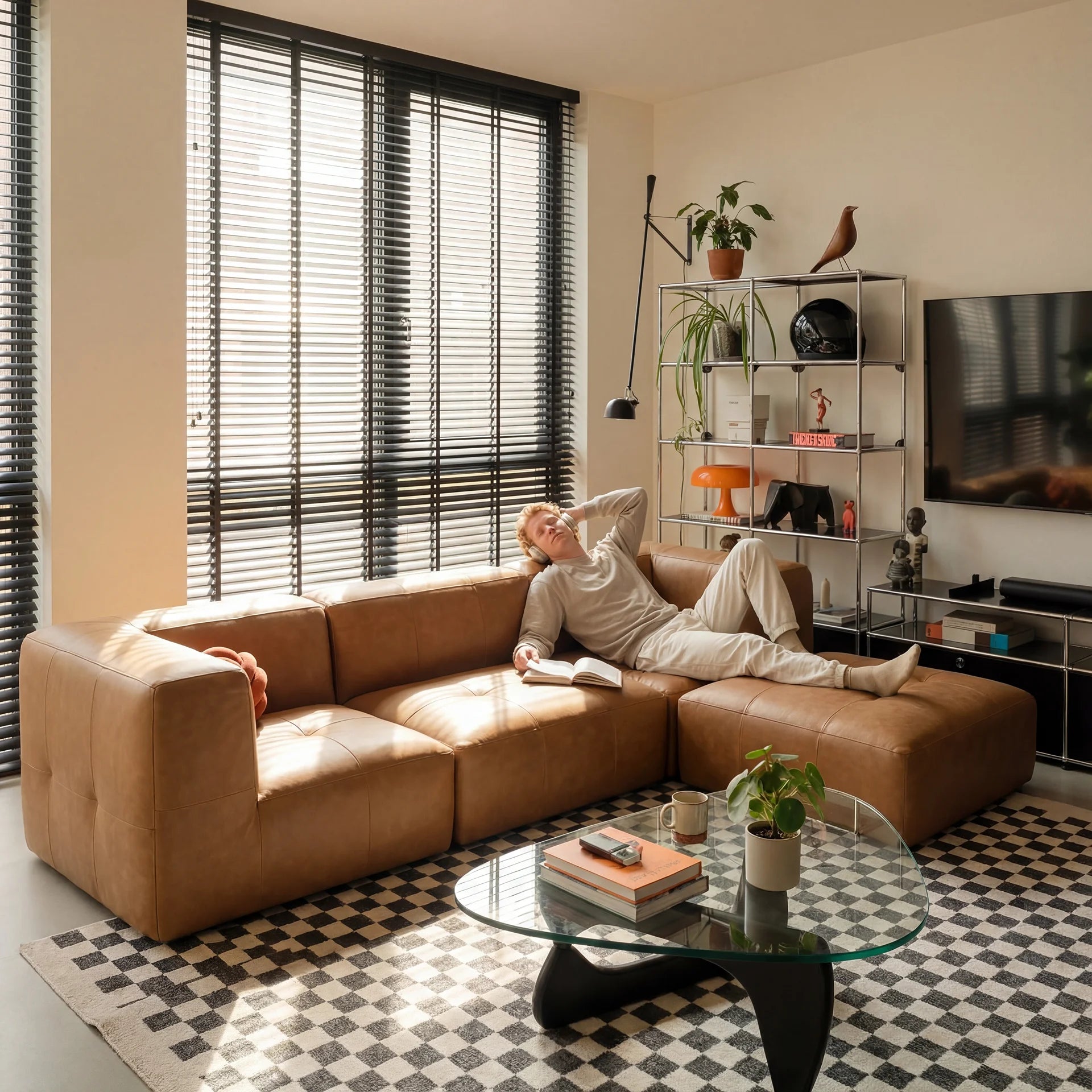 Sofá na Caixa modular 3 lugares Poli-Couro Marrom com Apoio de pé