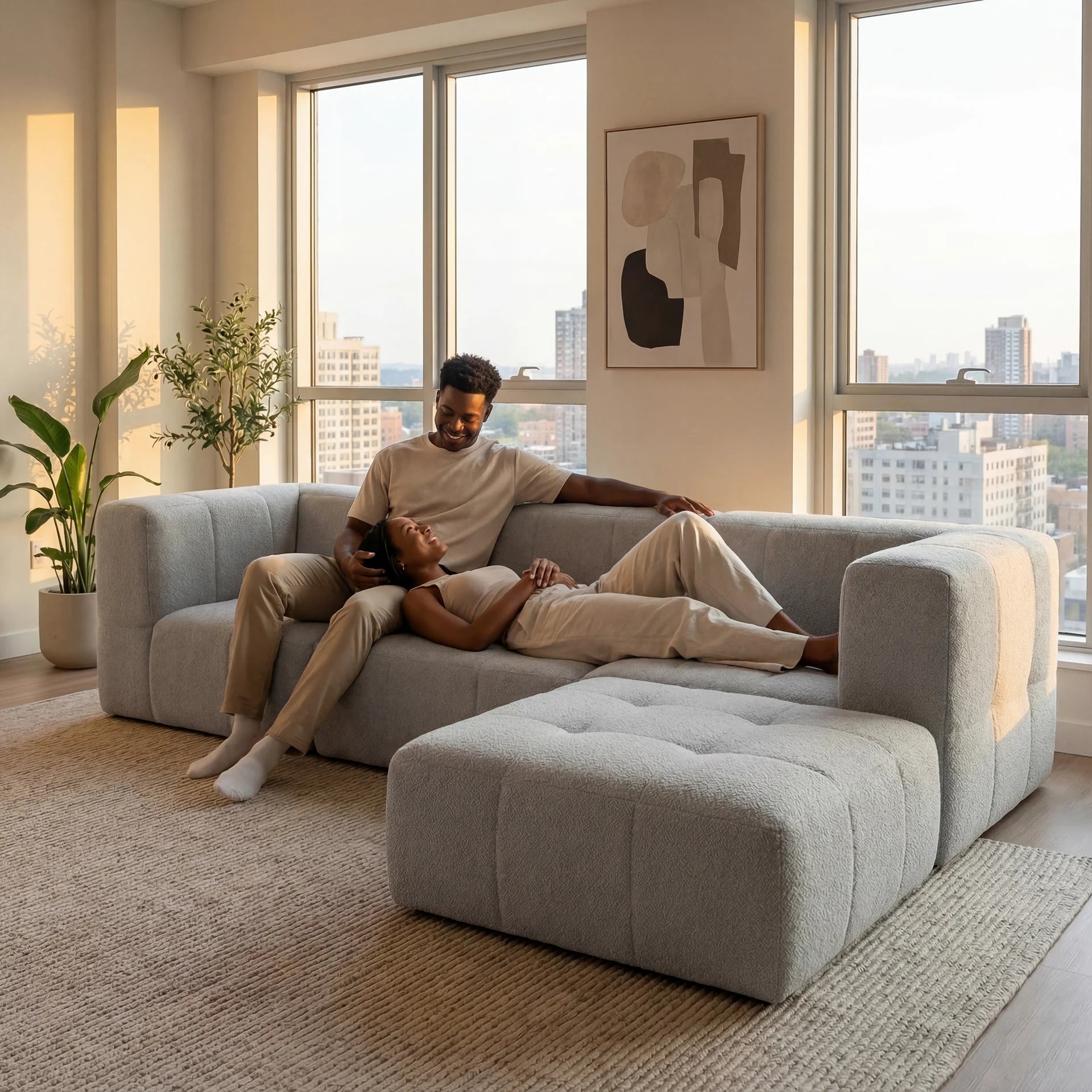 Sofá na Caixa modular 3 lugares em Boucle com Apoio de pé - Cinza