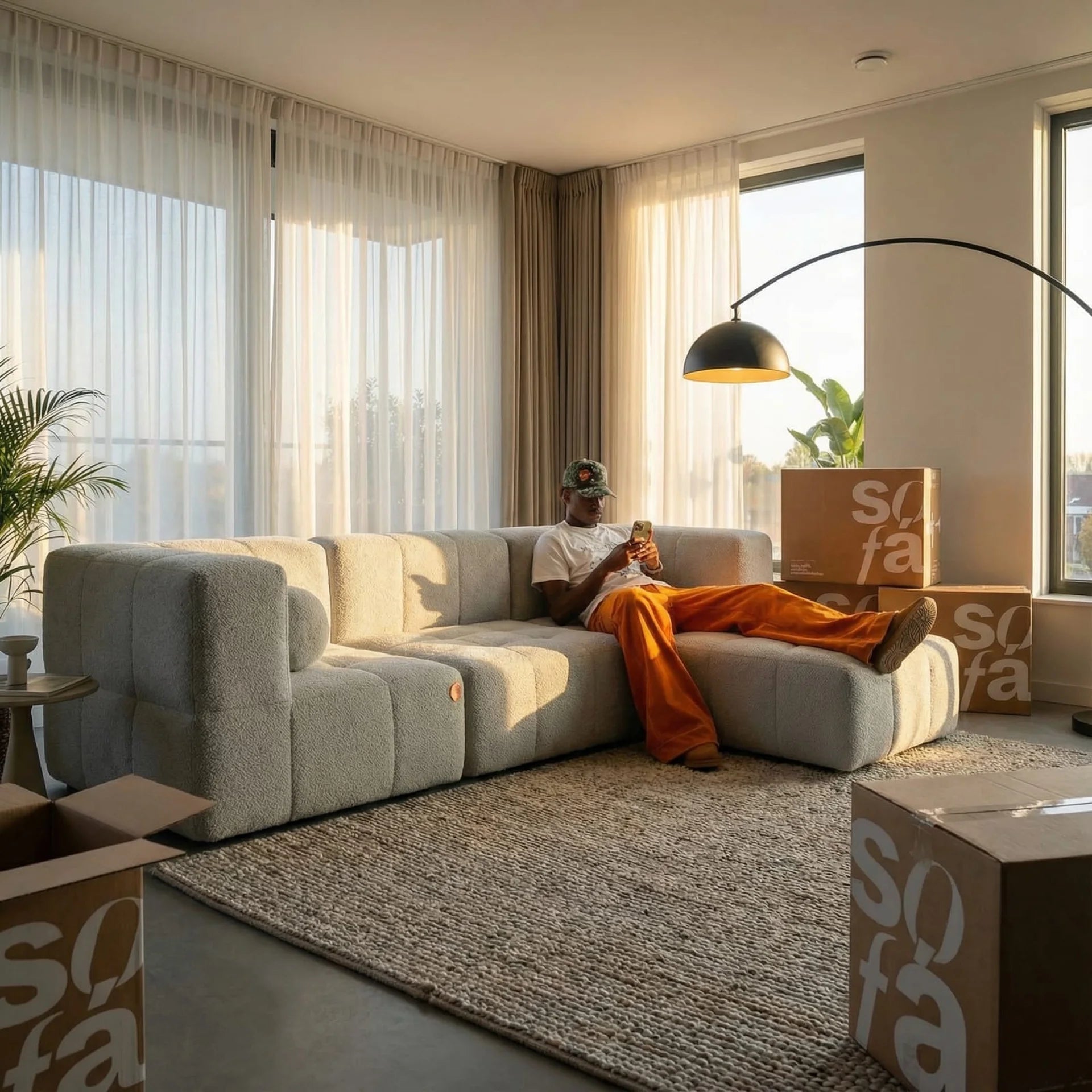 Sofá na Caixa modular 3 lugares em Boucle com Apoio de pé - Cinza