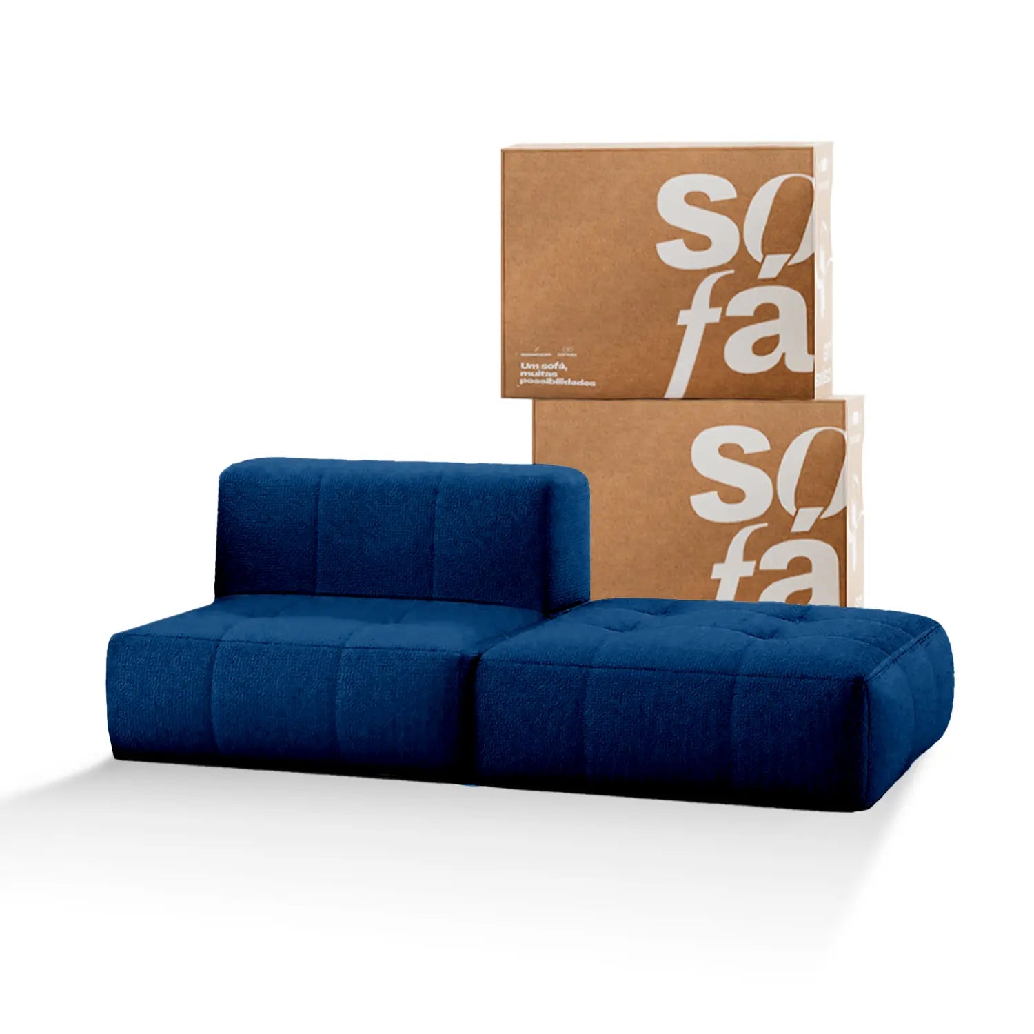 Sofá na Caixa modular 1 lugar poltrona com chaise em Boucle - Azul