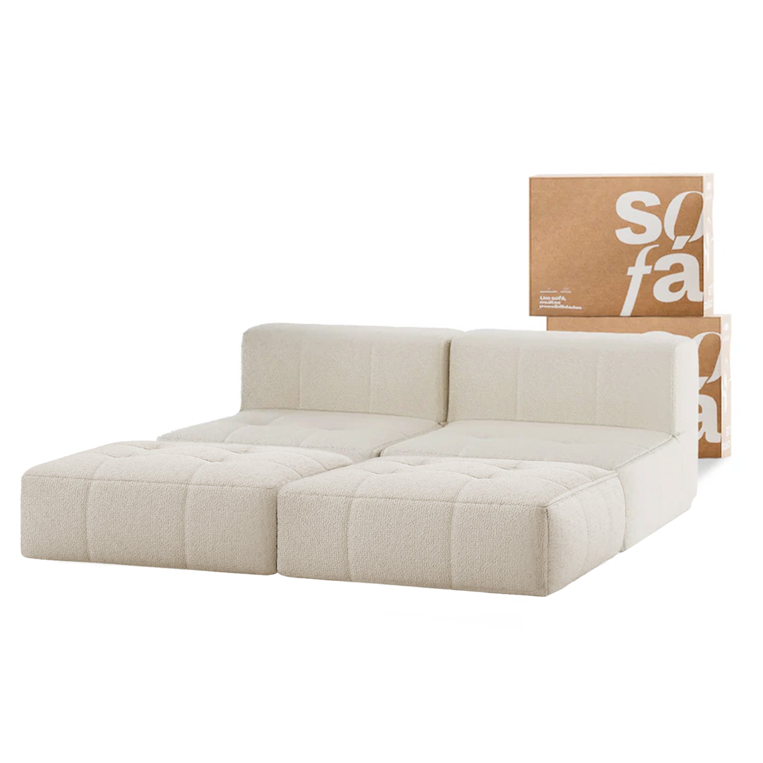 Sofá na Caixa modular 2 lugares em Boucle - Sem braço com 2 chaise - Linho