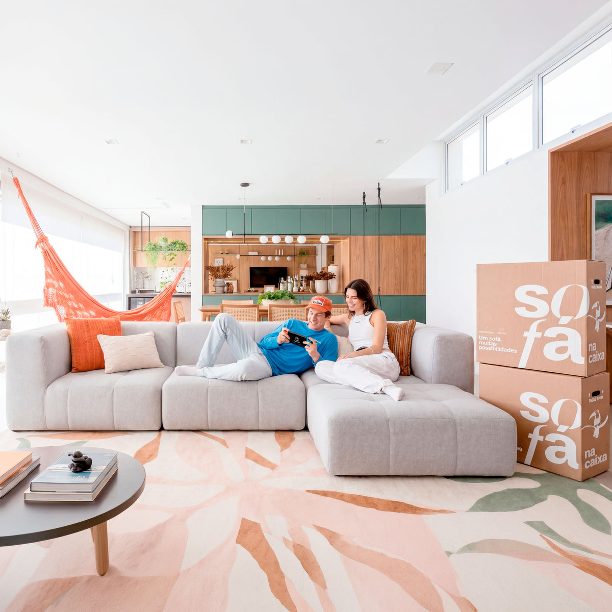 Sofá na Caixa modular 3 lugares em Boucle com Apoio de pé - Cinza