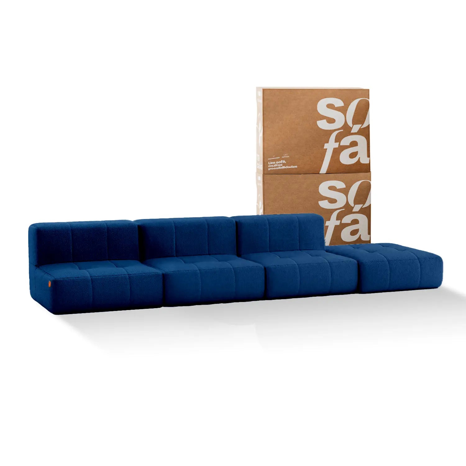 Sofá na Caixa modular 3 lugares em Boucle sem braço com chaise - Azul