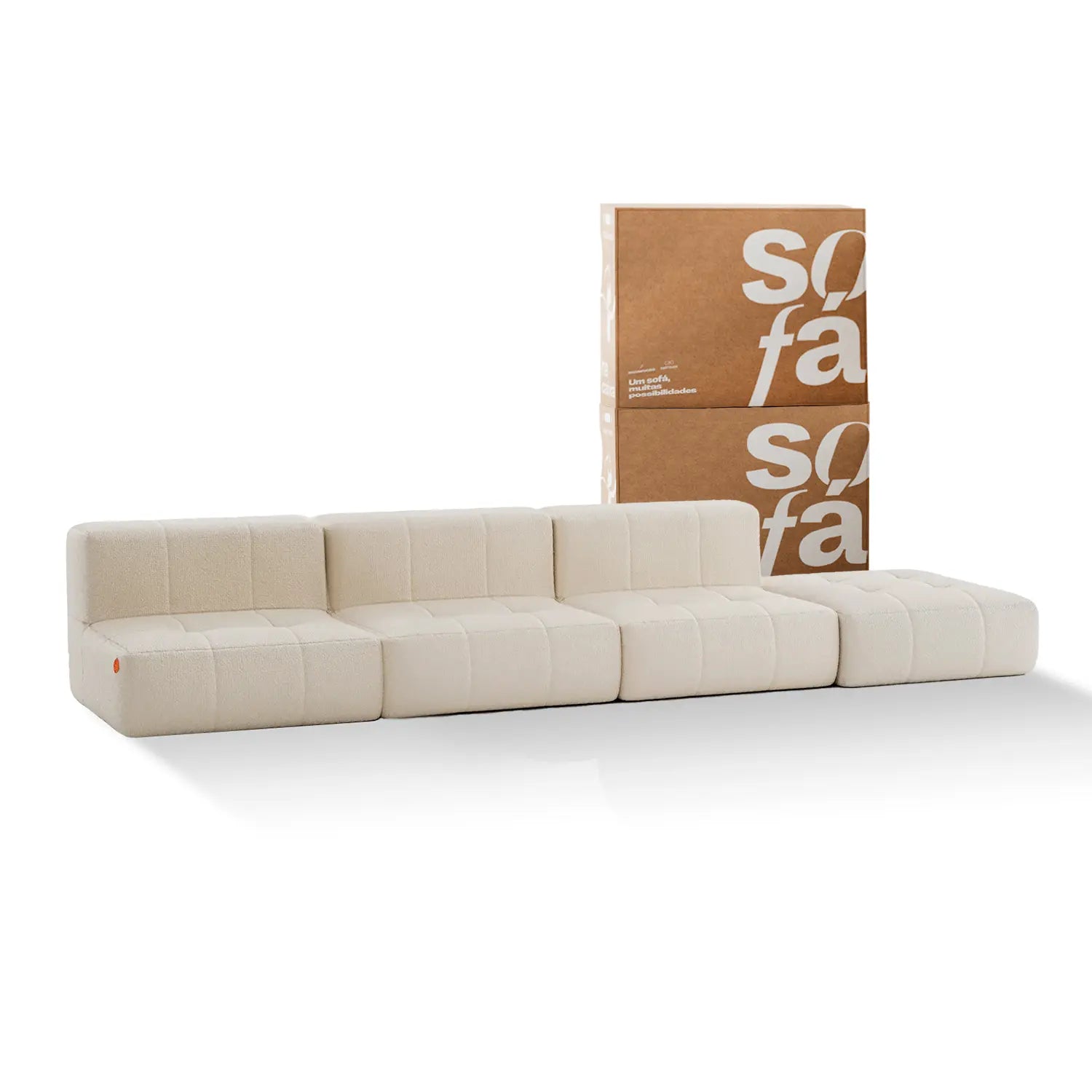 Sofá na Caixa modular 3 lugares em Boucle sem braço com chaise - Linho