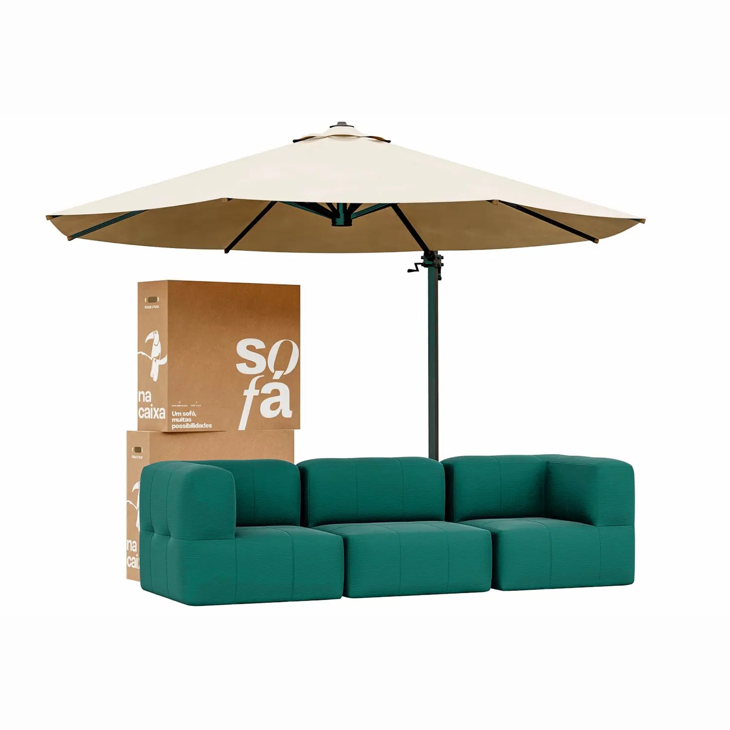 Lounge 3 Puffs Puzz modular verde com canto + Ombrelone Linho Cantilever 3,35x2,60m