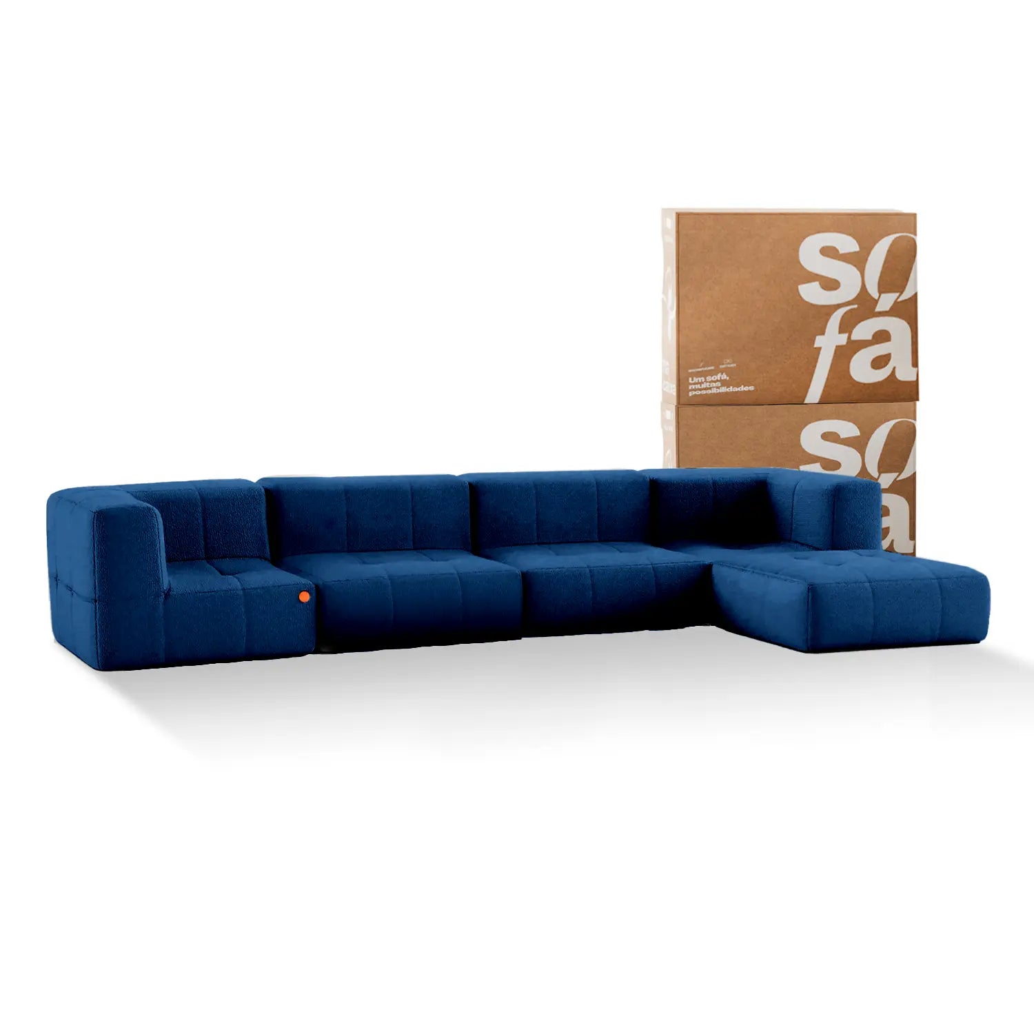 Sofá na Caixa modular 4 lugares em Boucle com 1 chaise - Azul