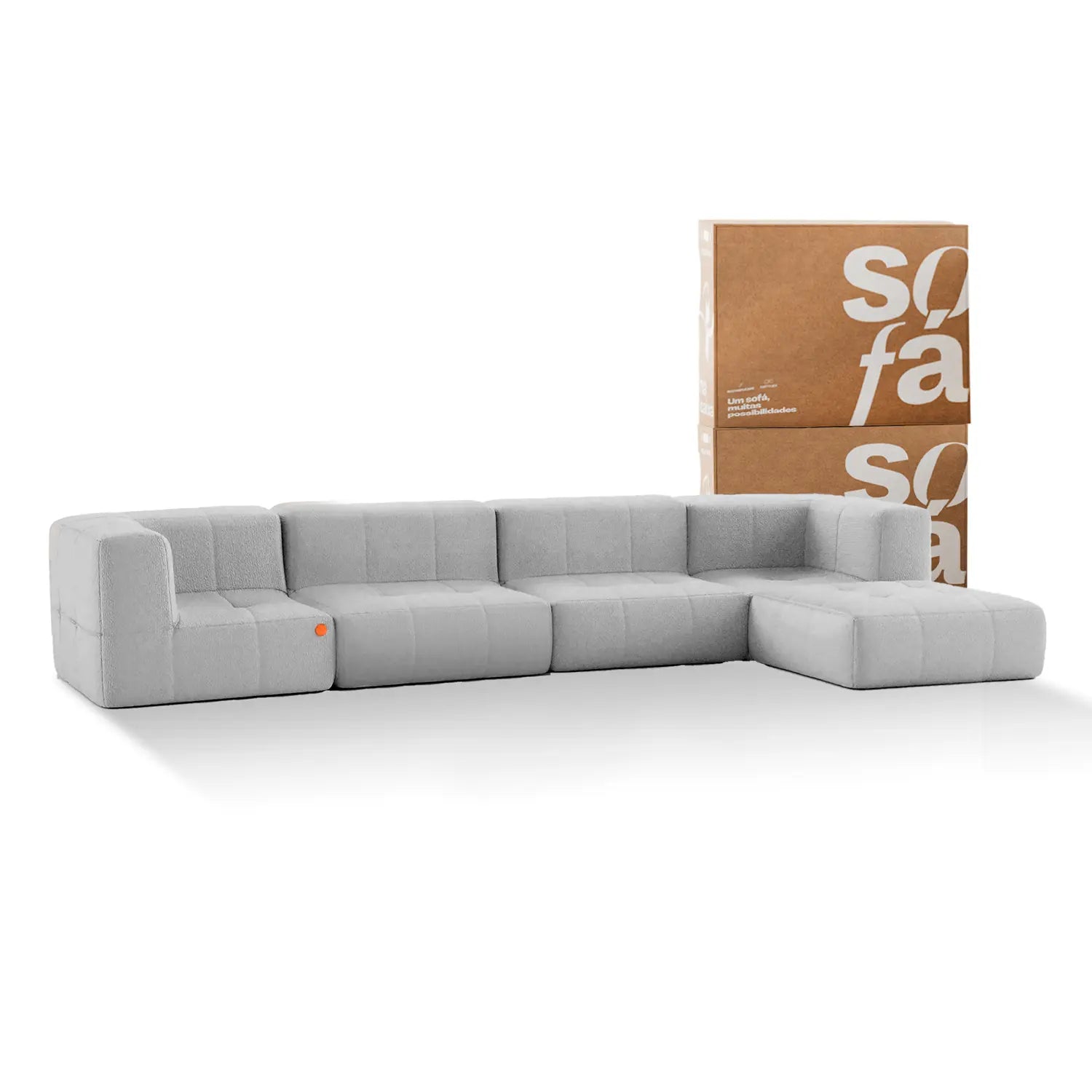 Sofá na Caixa modular 4 lugares em Boucle com 1 chaise - Cinza