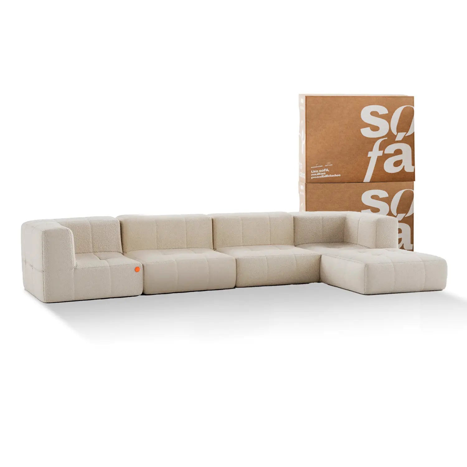 Sofá na Caixa modular 4 lugares em Boucle com 1 chaise - Linho