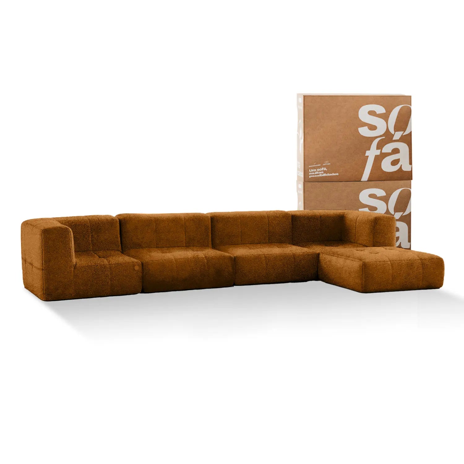 Sofá na Caixa modular 4 lugares com 1 chaise - Poli-couro