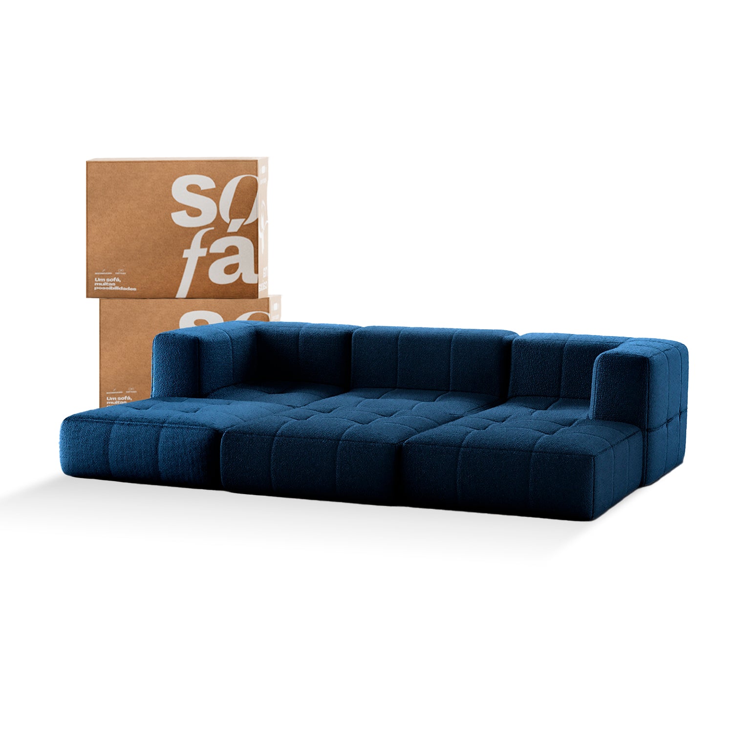 Sofá na Caixa modular 3 lugares em Boucle com 3 Chaises - Azul