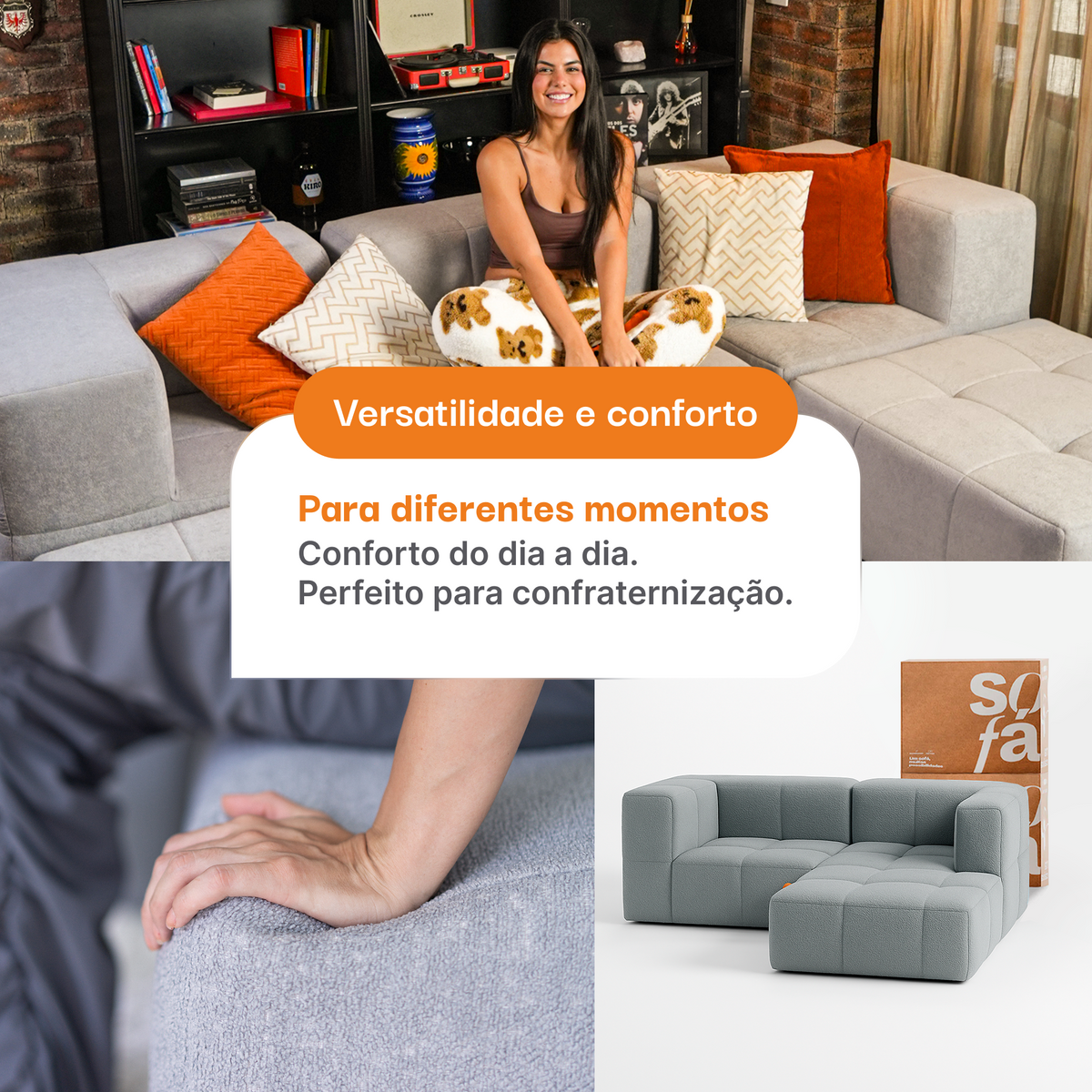 Sofá na Caixa modular 2 lugares em Boucle 2 Cantos com Apoio de pé Grátis - Brinde Almofada Reclame Aqui - Cinza · vista 9