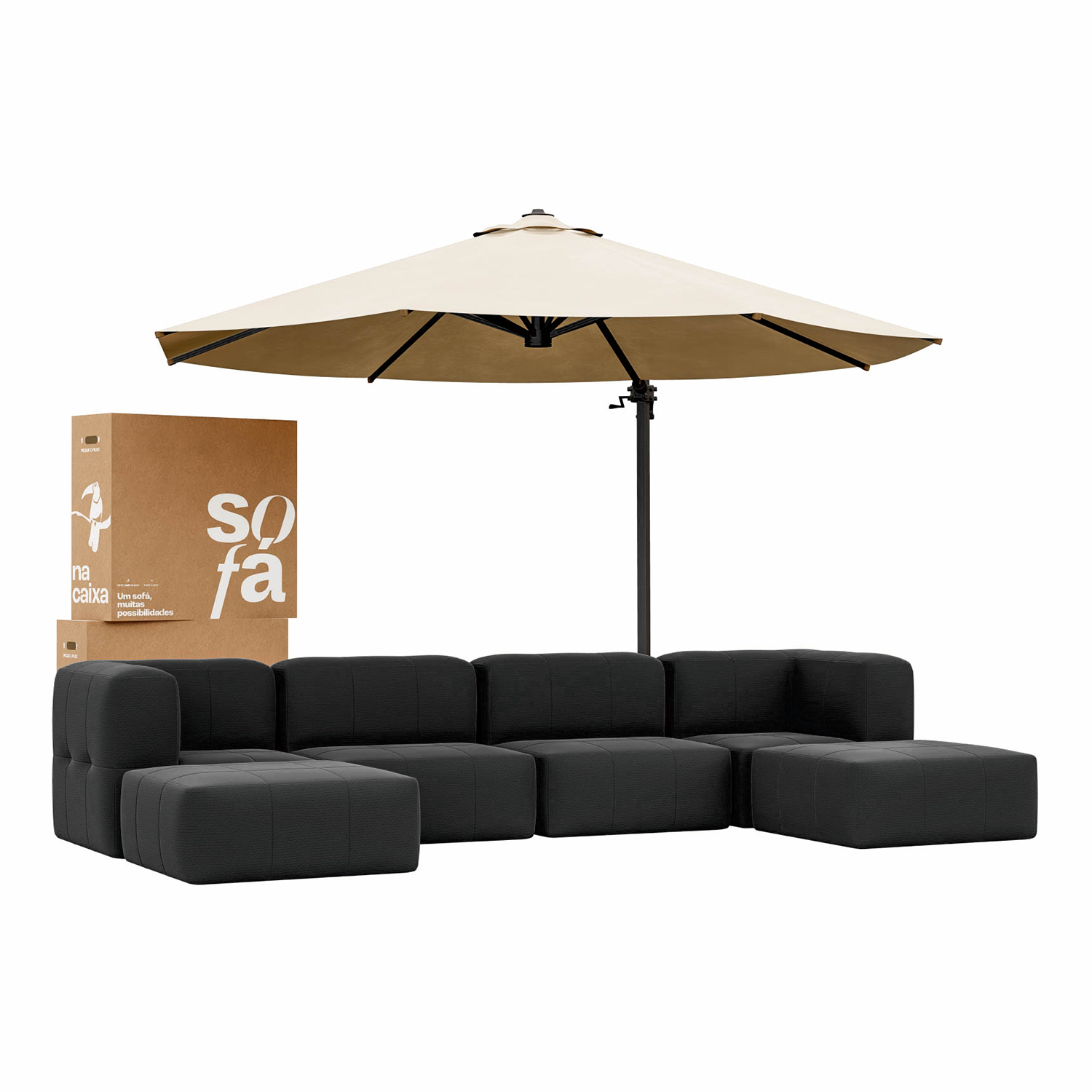 Lounge 6 Puffs Puzz modular preto com Canto e Apoio de pé + Ombrelone Linho Cantilever 3,35x2,60m