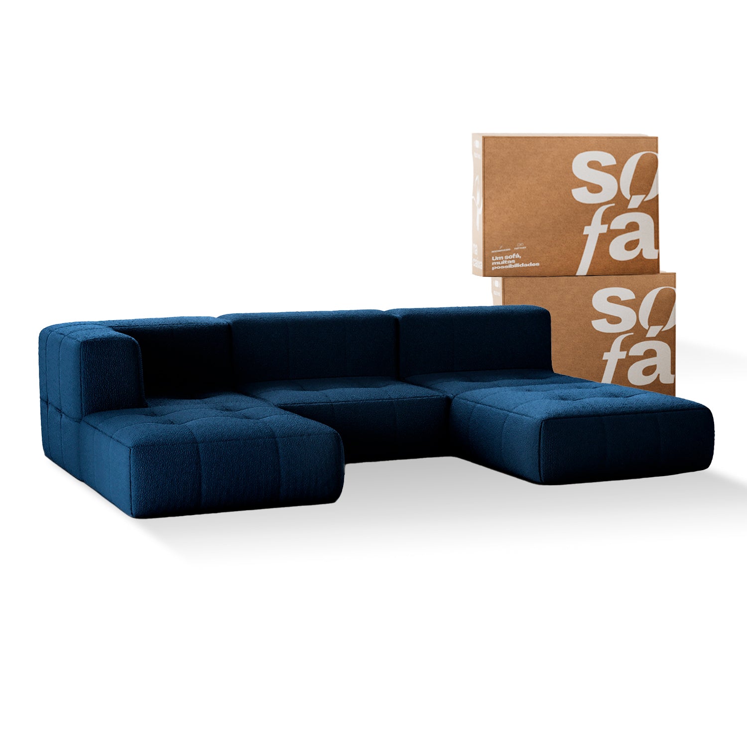 Sofá na Caixa modular 3 lugares em Boucle - 1 Braço com 2 Chaises - Azul