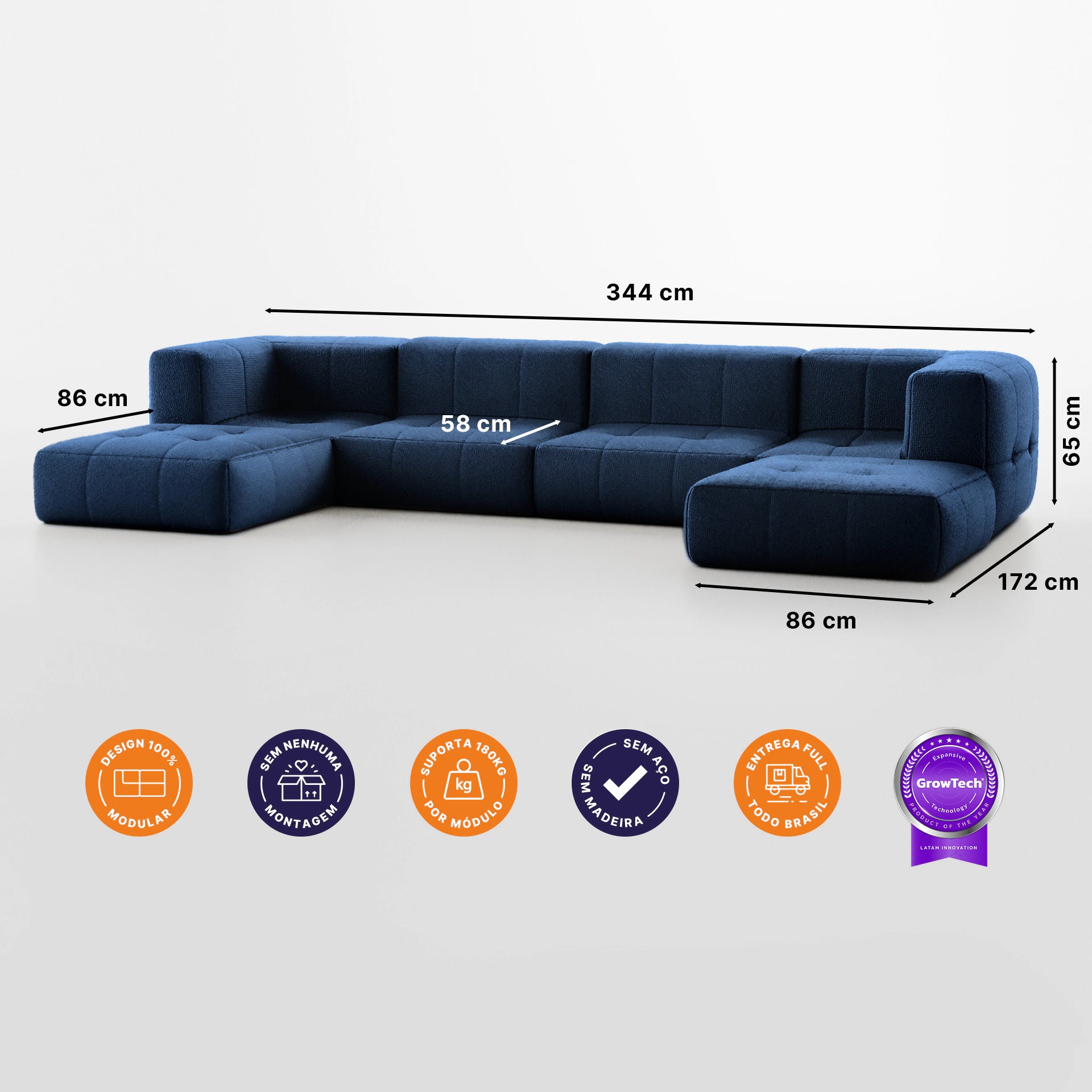 Sofá na Caixa modular 4 lugares em Boucle com 2 Chaise -  Azul