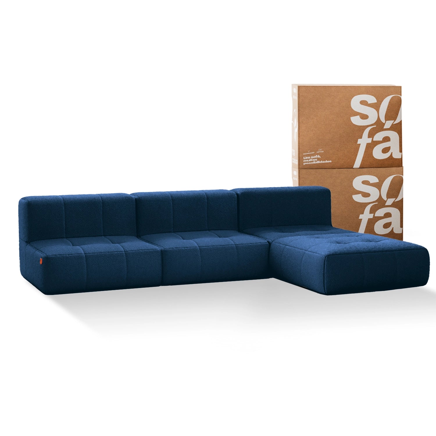 Sofá na Caixa modular 3 lugares em Boucle sem braço com chaise - Azul