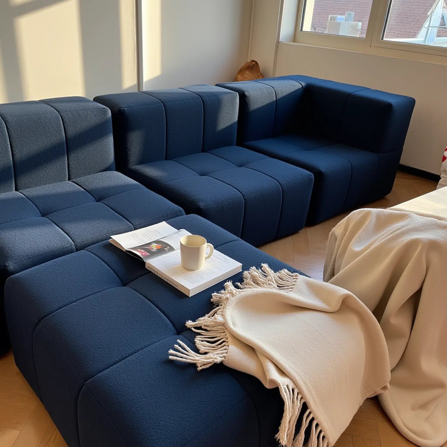 Sofá na Caixa modular 3 lugares em Boucle - 1 Braço com 2 Chaises - Azul