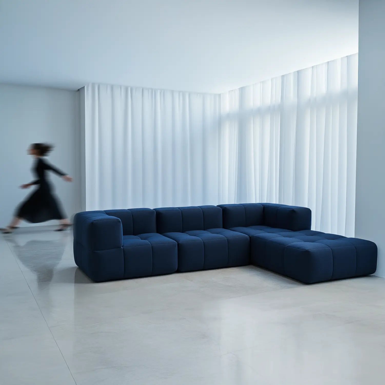 Sofá na Caixa modular 3 lugares em Boucle - 1 Braço com 2 Chaises - Azul