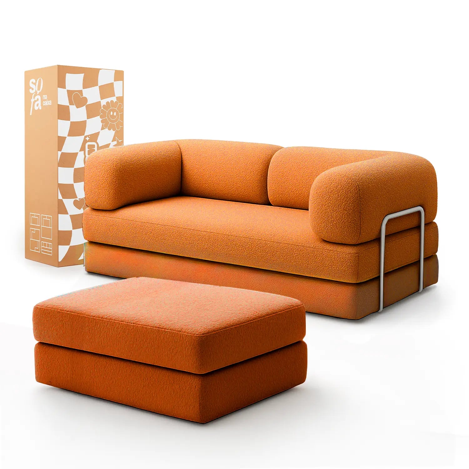 Sofá Cama Bloom Tecido Boucle Laranja - Sofá na Caixa + Apoio de Pé