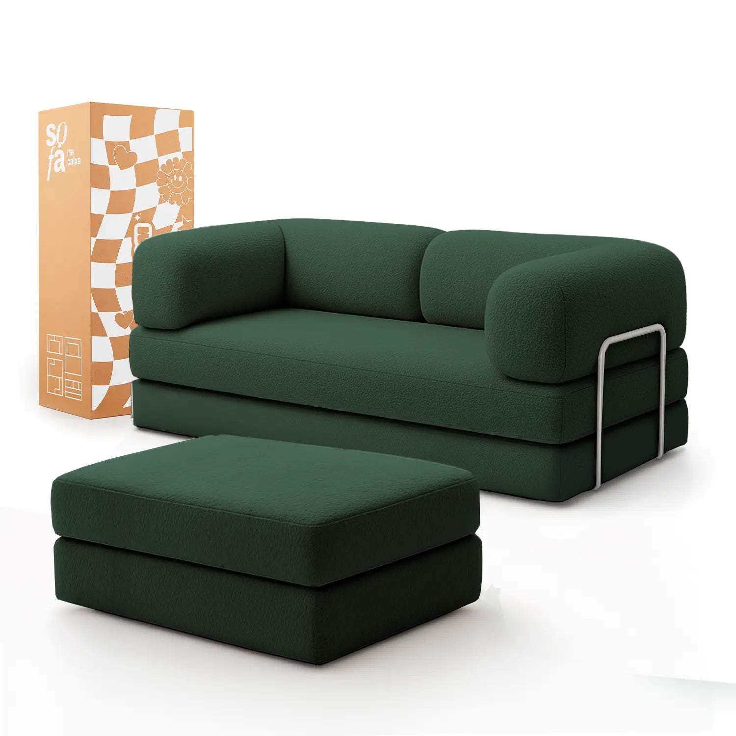 Sofá Cama Bloom - Sofá na Caixa + Apoio de Pé Bloom Tecido Boucle Verde Musgo
