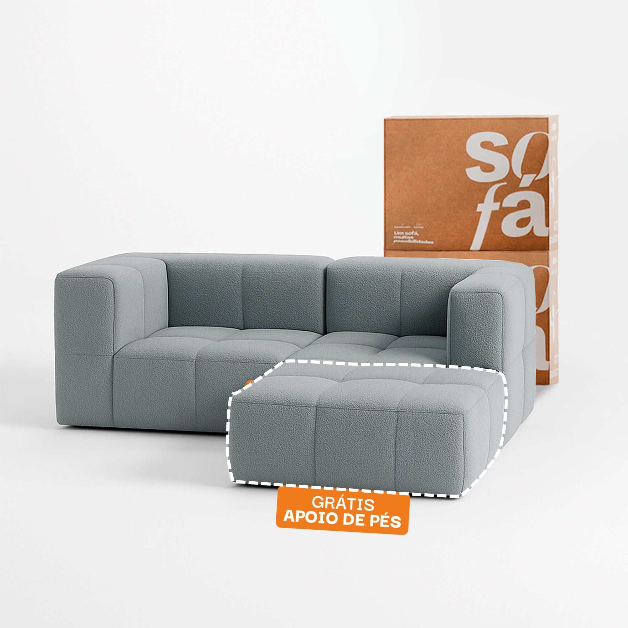 Sofá na Caixa modular 2 lugares em Boucle - 2 Cantos com Apoio de pé Grátis - Cinza
