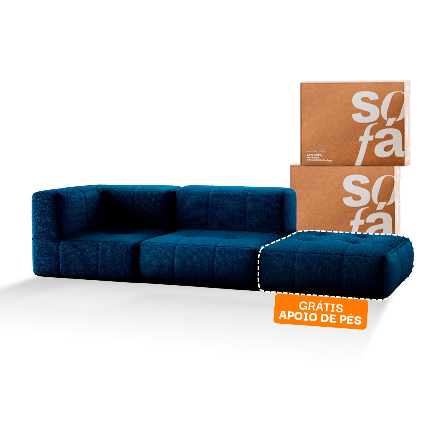 Sofá na Caixa modular 2 lugares em Boucle - 1 Braço com Apoio de pé Grátis - Azul