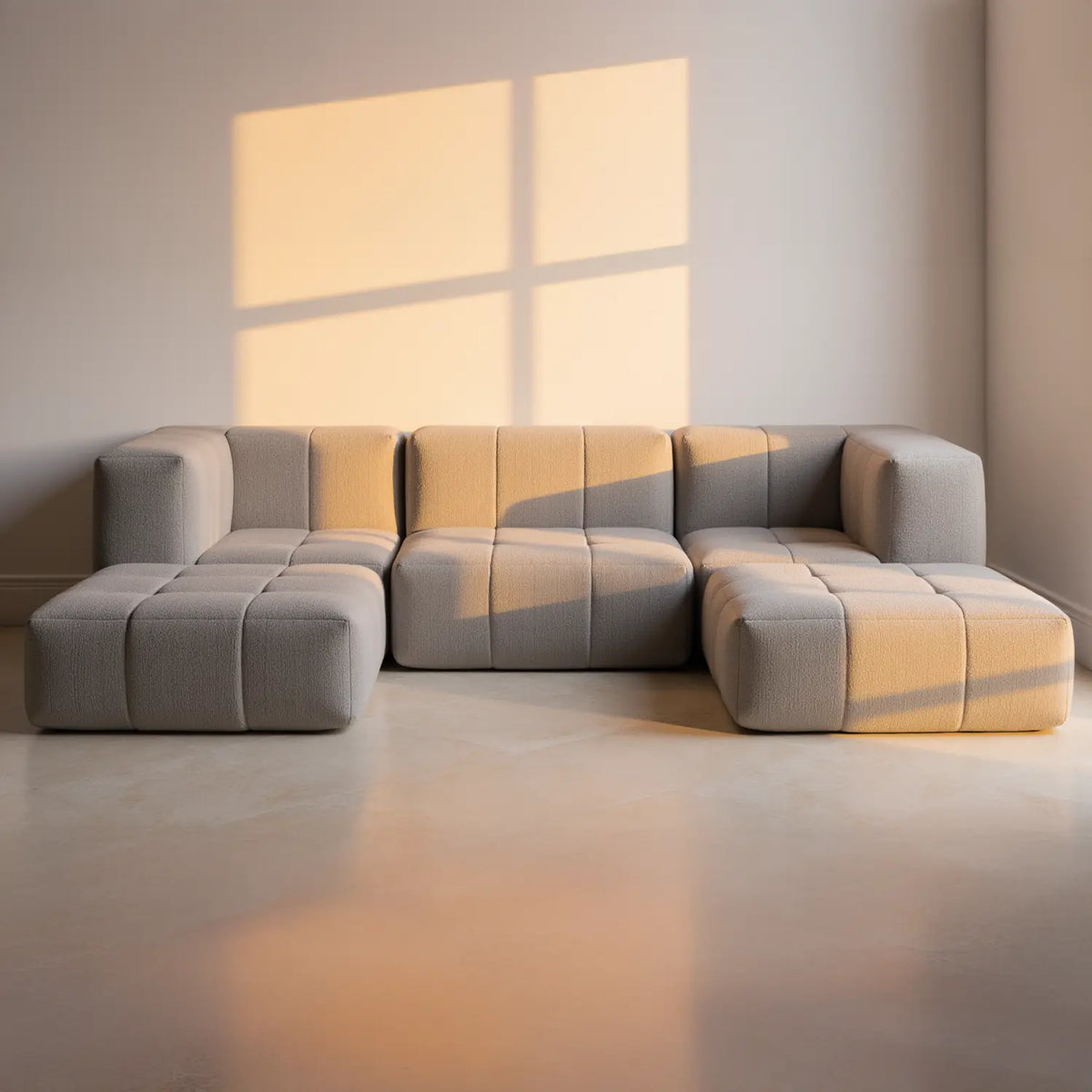 Sofá na Caixa modular 4 lugares em Boucle com 1 chaise - Cinza · detalhe na cor cinza · vista 2