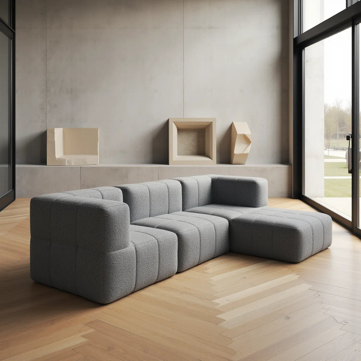 Sofá na Caixa modular 4 lugares em Boucle com 1 chaise - Cinza · detalhe na cor cinza · vista 6