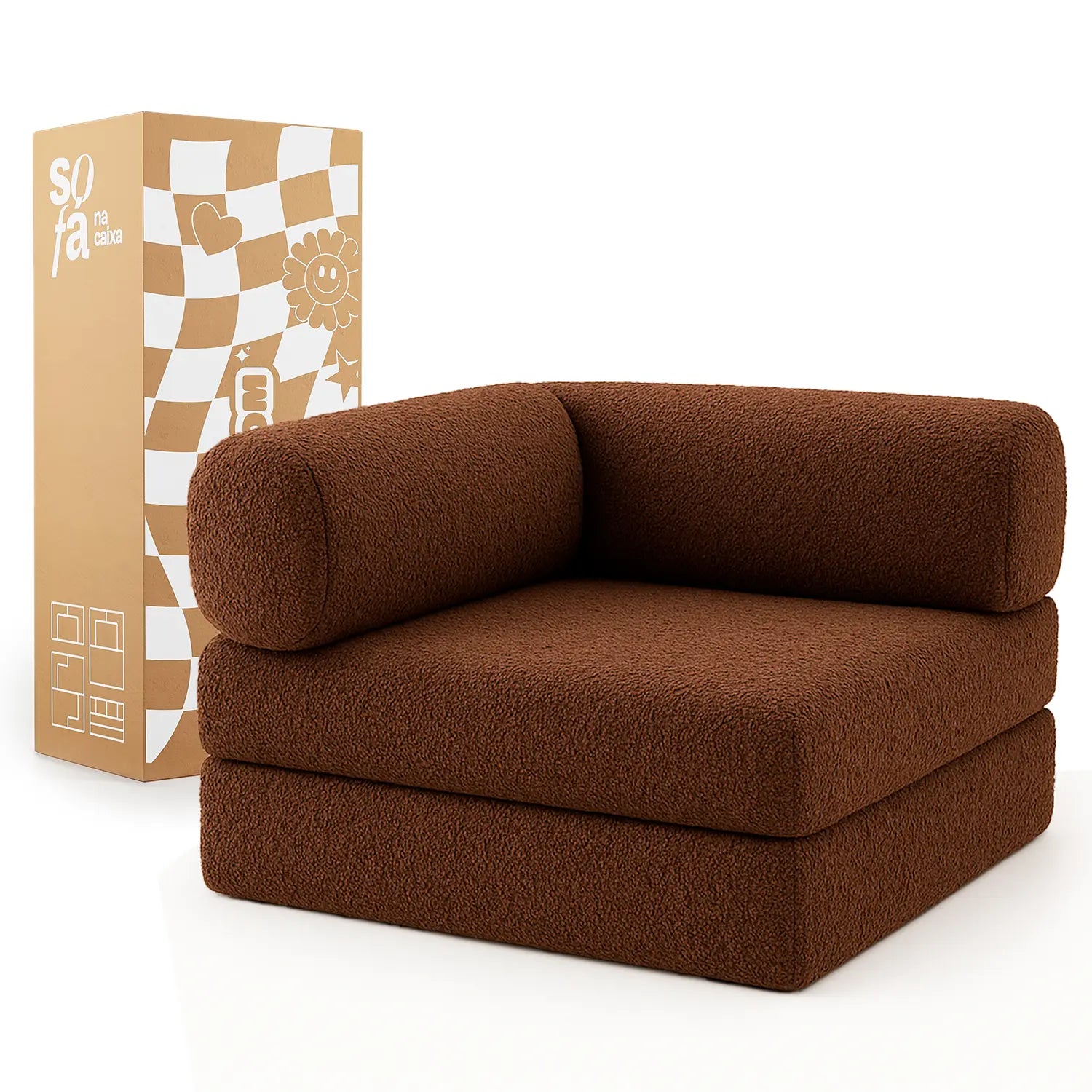 Sofá Cama Bloom - Sofá na Caixa + Poltrona Bloom Tecido Boucle Marrom · detalhe na cor marrom · vista 3
