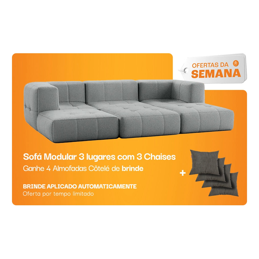 Sofá na Caixa modular 3 lugares em Boucle com 3 Chaises - Cinza