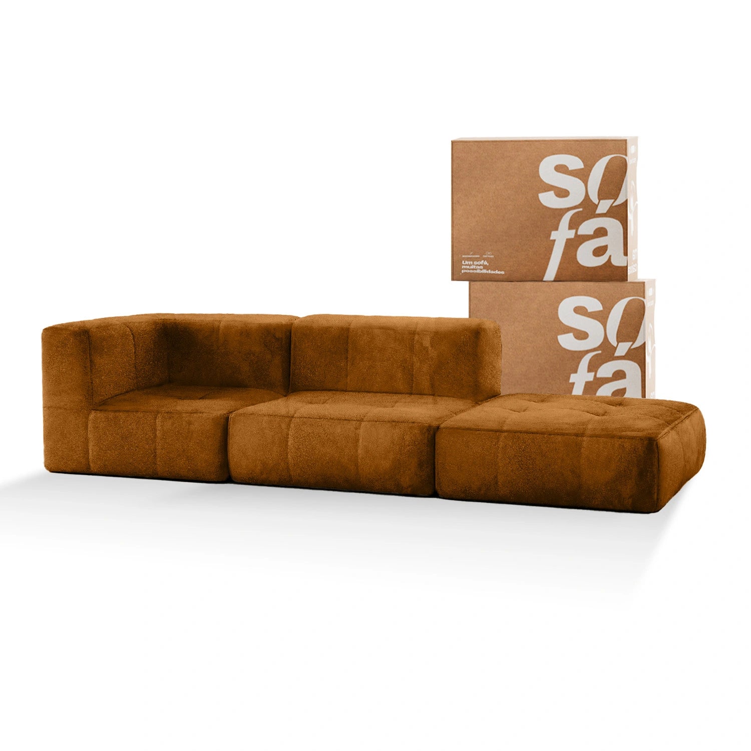 Sofá na Caixa modular 2 lugares Poli-Couro Marrom - 1 Braço com Chaise