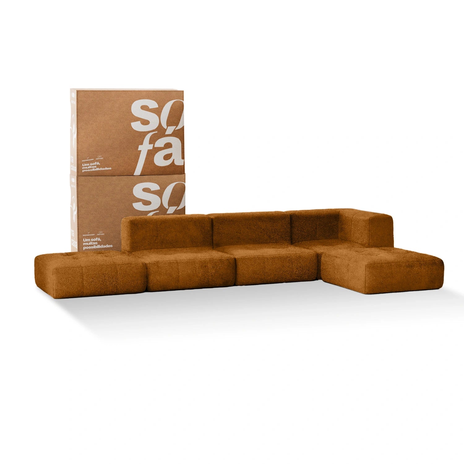 Sofá na Caixa modular 3 lugares Poli-Couro Marrom - 1 Braço com 2 Chaises