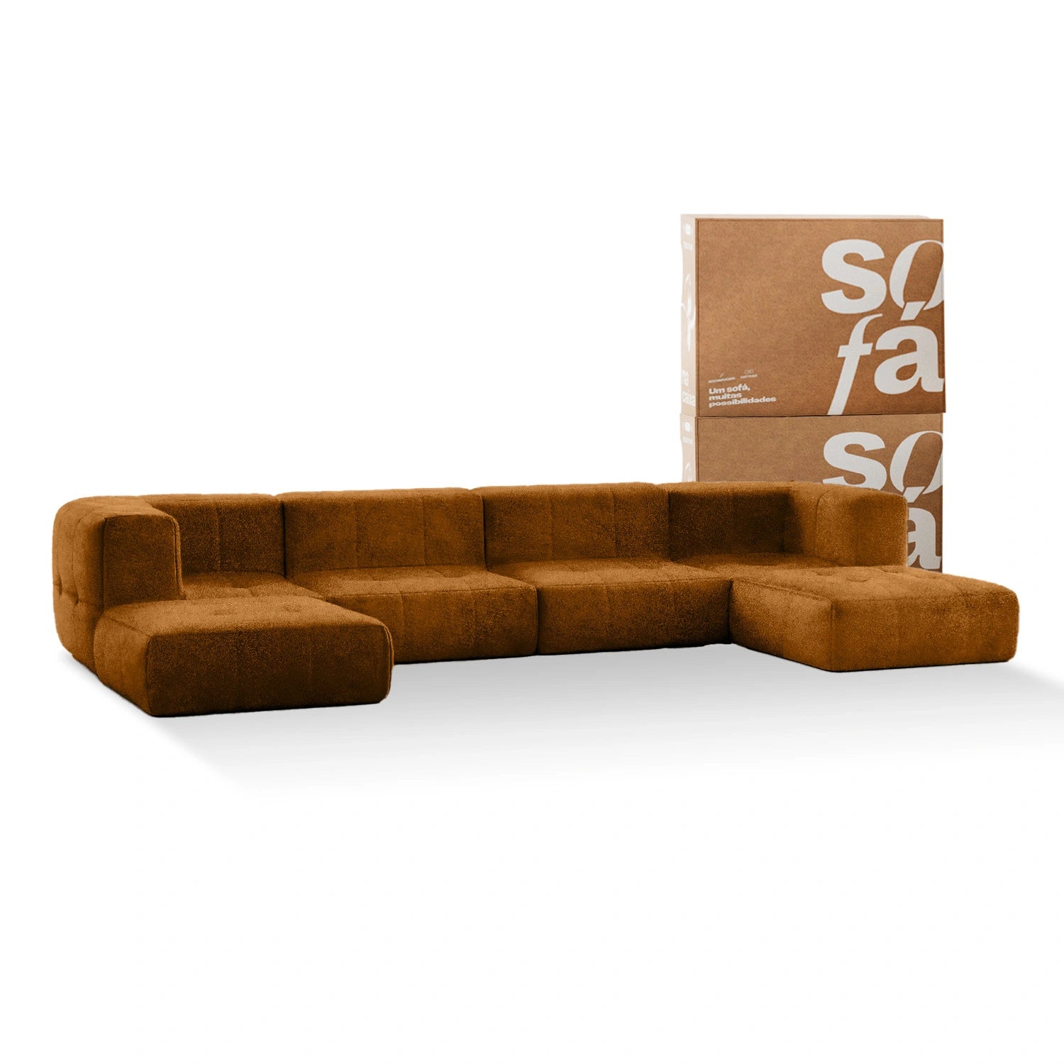 Sofá na Caixa modular 4 lugares Poli-Couro Marrom com 2 Chaise