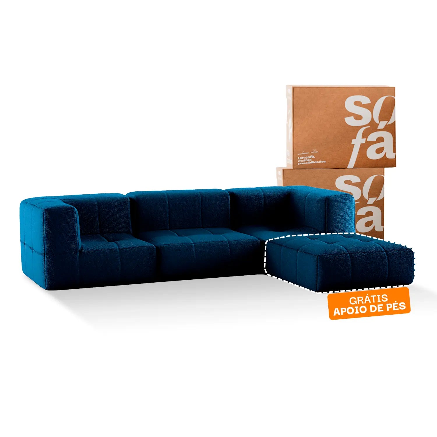 Sofá na Caixa modular 3 lugares em Boucle com Apoio de pé Grátis  - Azul
