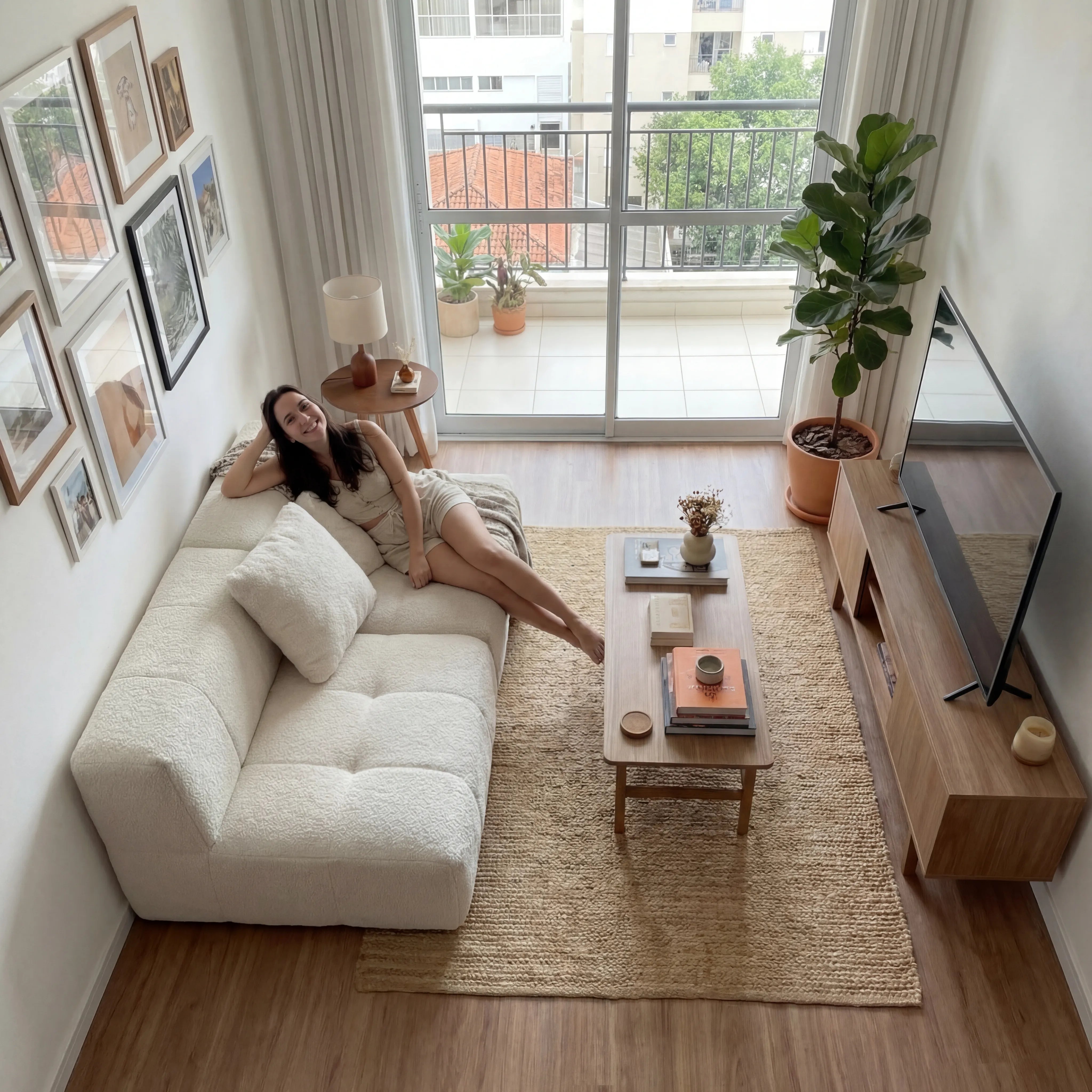 Sofá na Caixa modular 2 lugares em Boucle - Sem braço - Linho