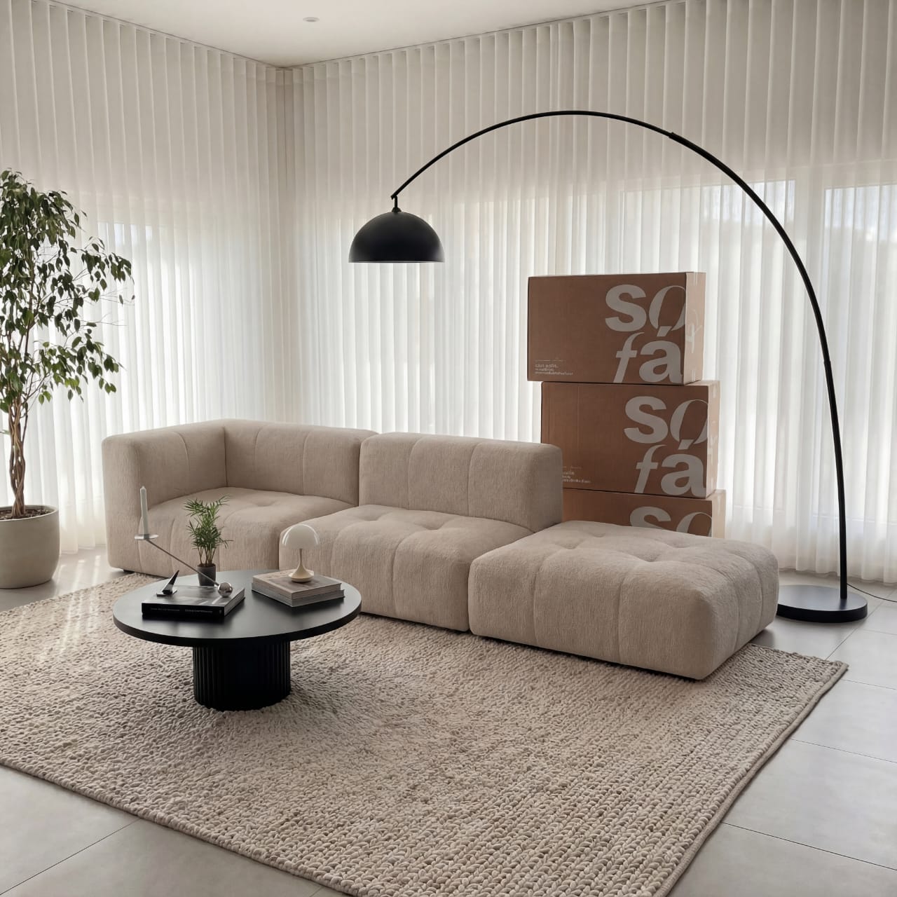 Sofá na Caixa modular 2 lugares em Boucle - 1 Braço com Apoio de pé Grátis - Linho