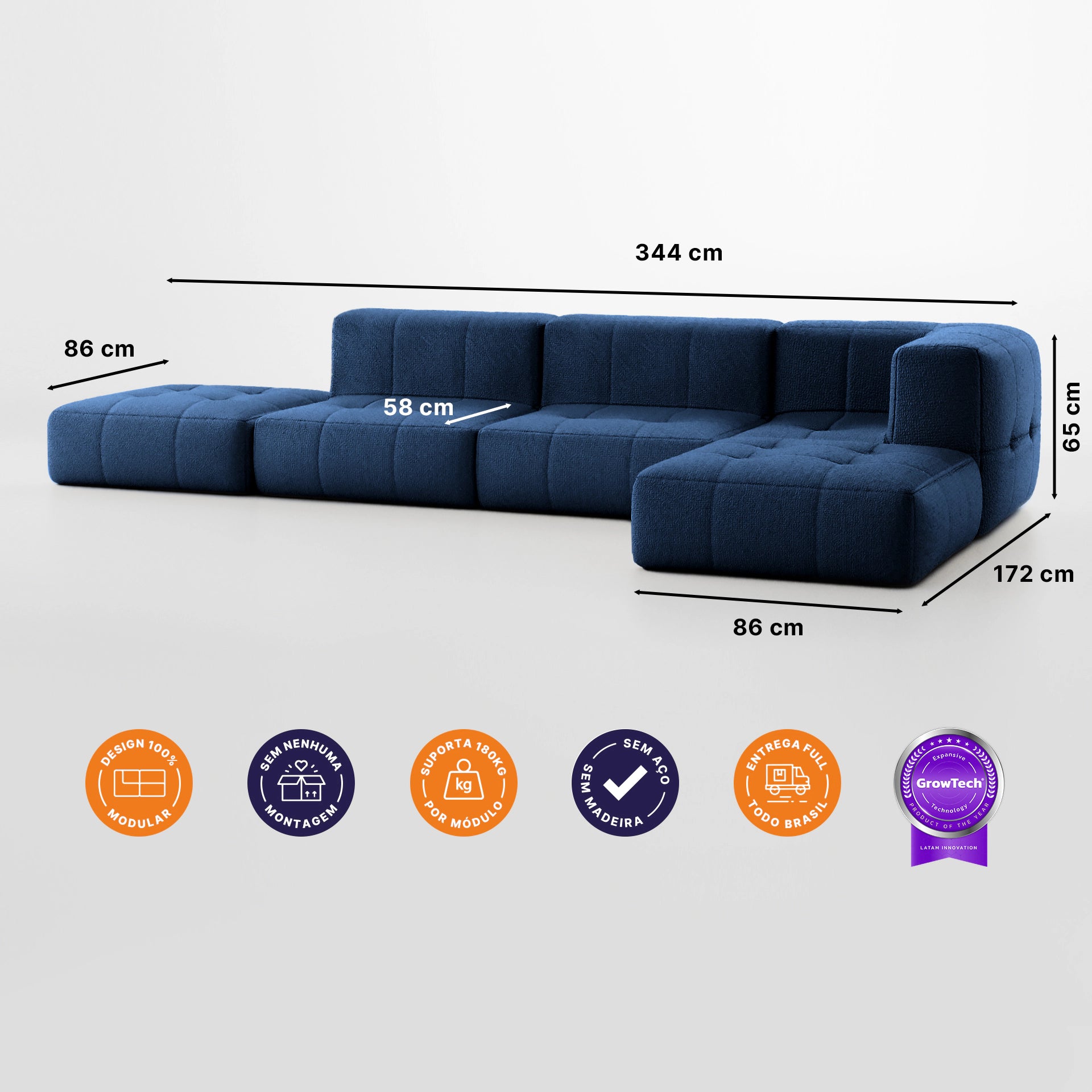 Sofá na Caixa modular 2 lugares em Boucle - 2 Poltronas com Apoio de pé Grátis - Azul