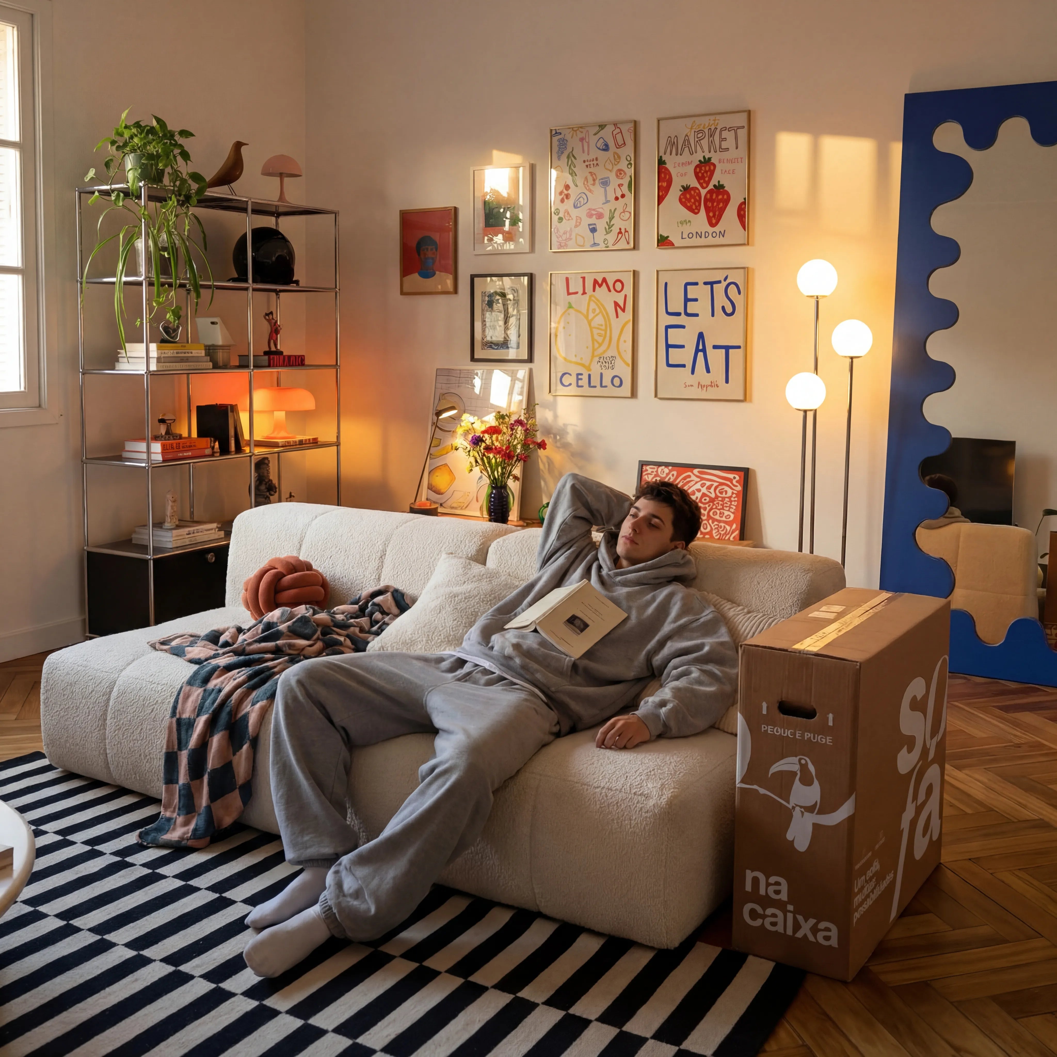 Sofá na Caixa modular 2 lugares em Boucle - Sem braço - Linho