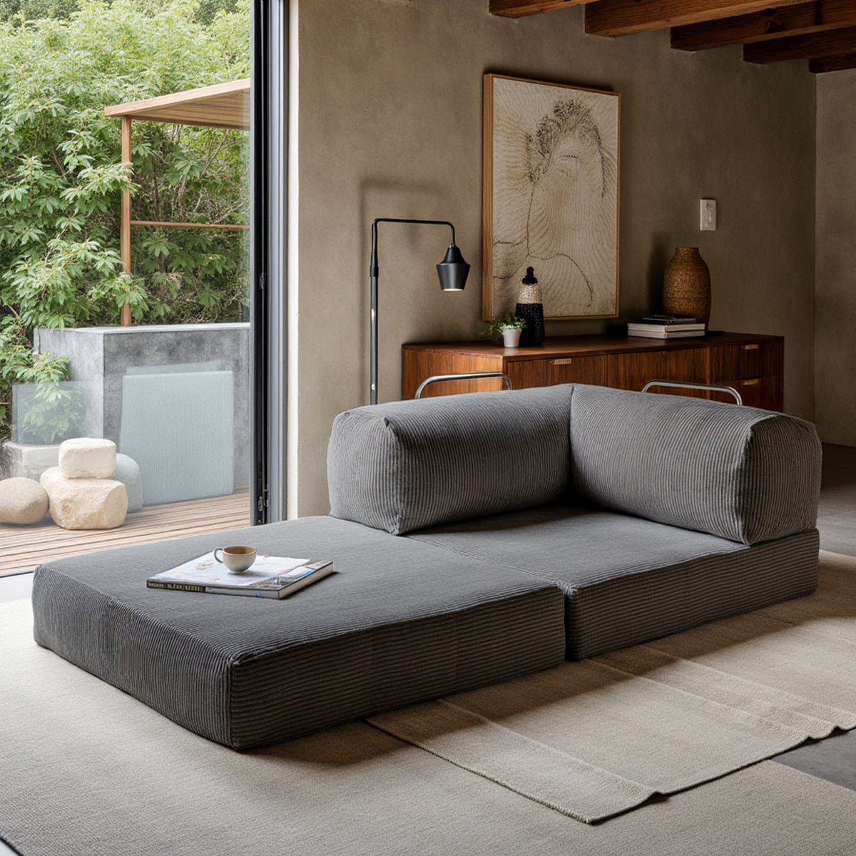 Sofá Cama Bloom - Sofá na Caixa + Poltrona Bloom Tecido Boucle Cinza · detalhe na cor cinza · vista 4
