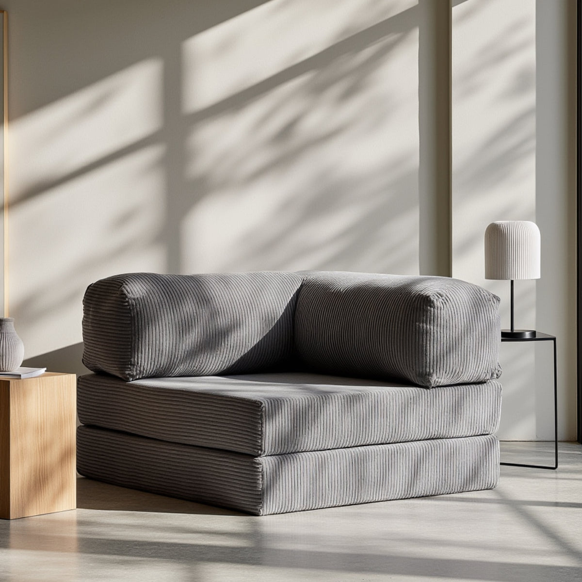 Sofá Cama Bloom - Sofá na Caixa + Poltrona Bloom Tecido Boucle Cinza · detalhe na cor cinza · vista 2