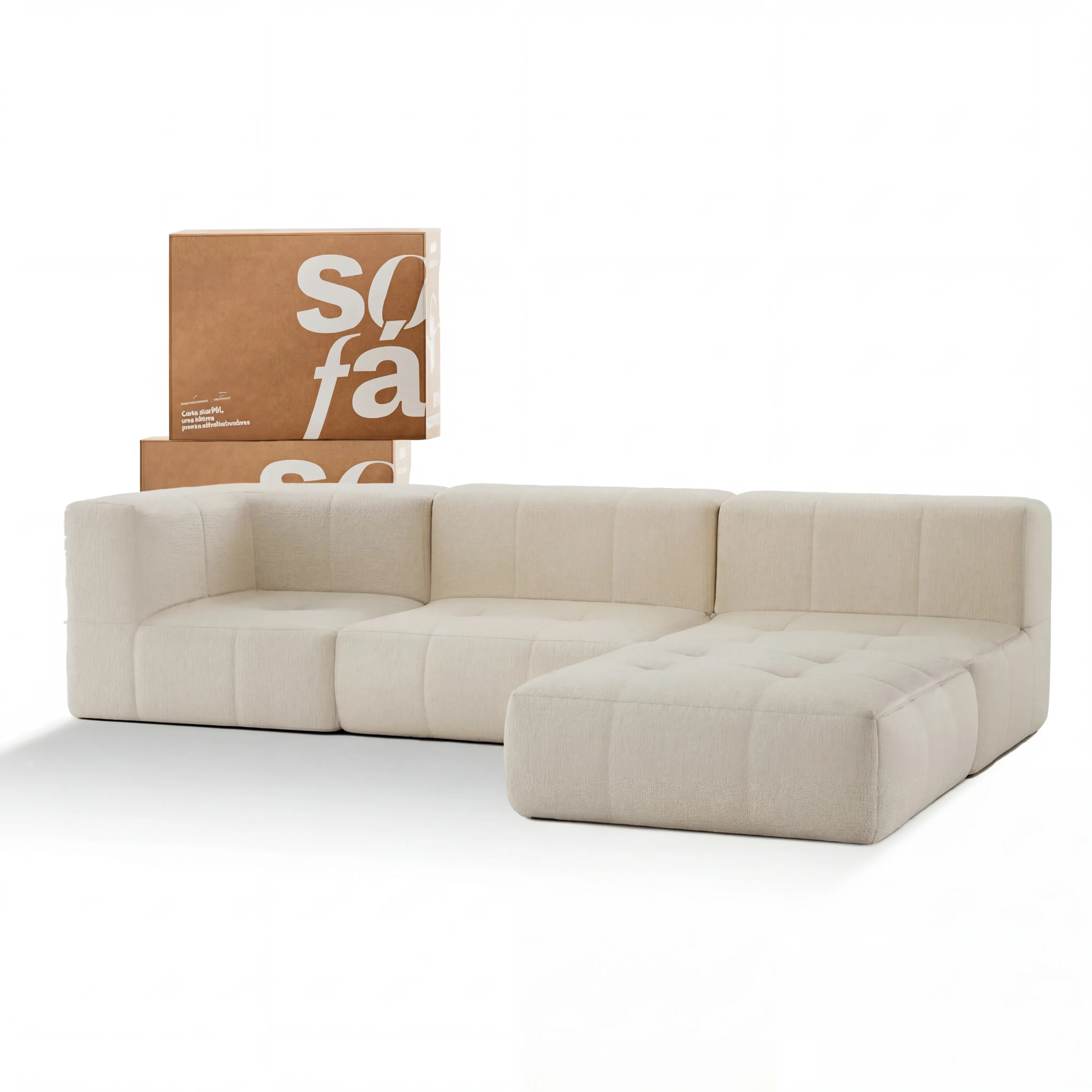 Sofá na Caixa modular 3 lugares em Boucle - 1 Braço com Chaise - Linho