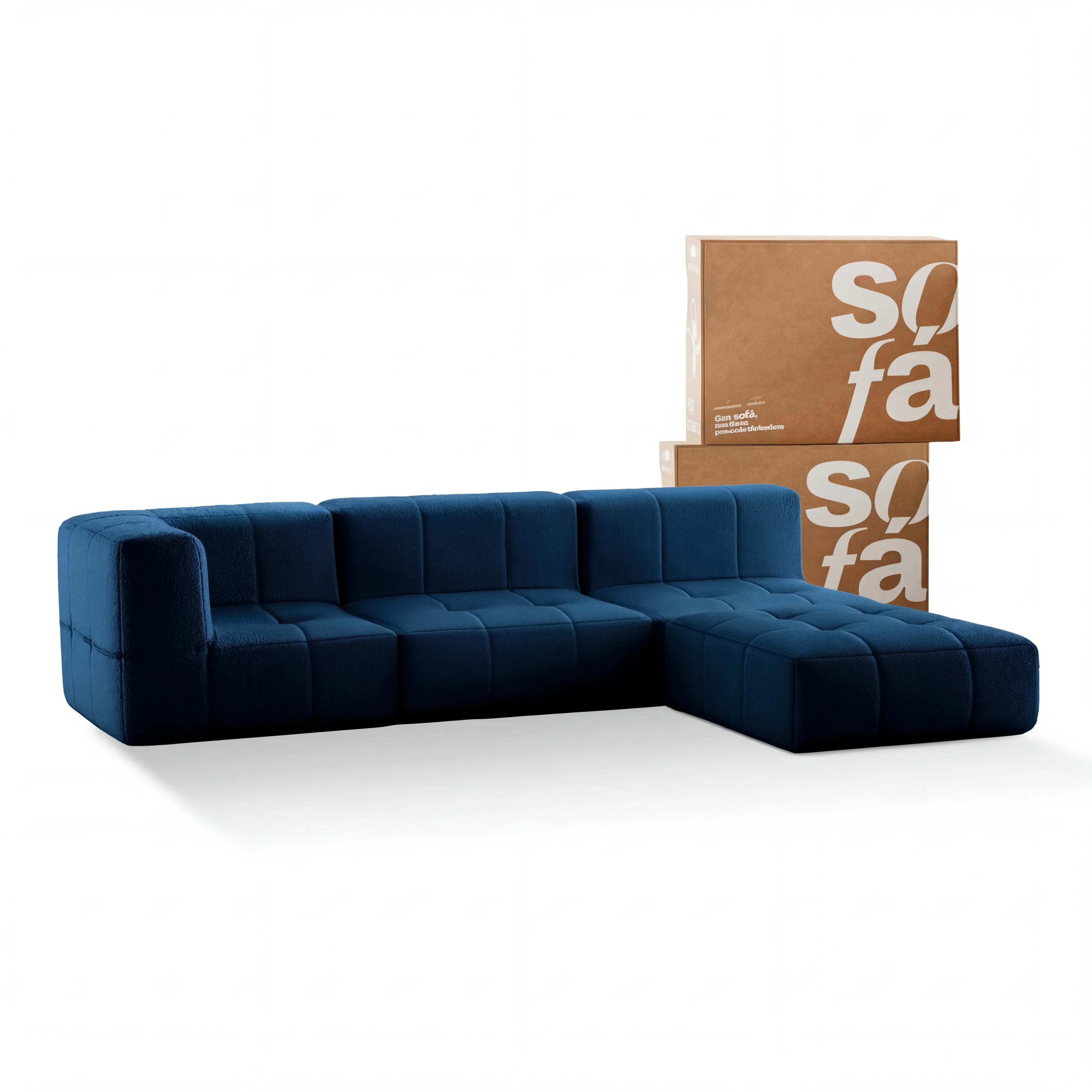Sofá na Caixa modular 3 lugares em Boucle - 1 Braço com Chaise - Azul