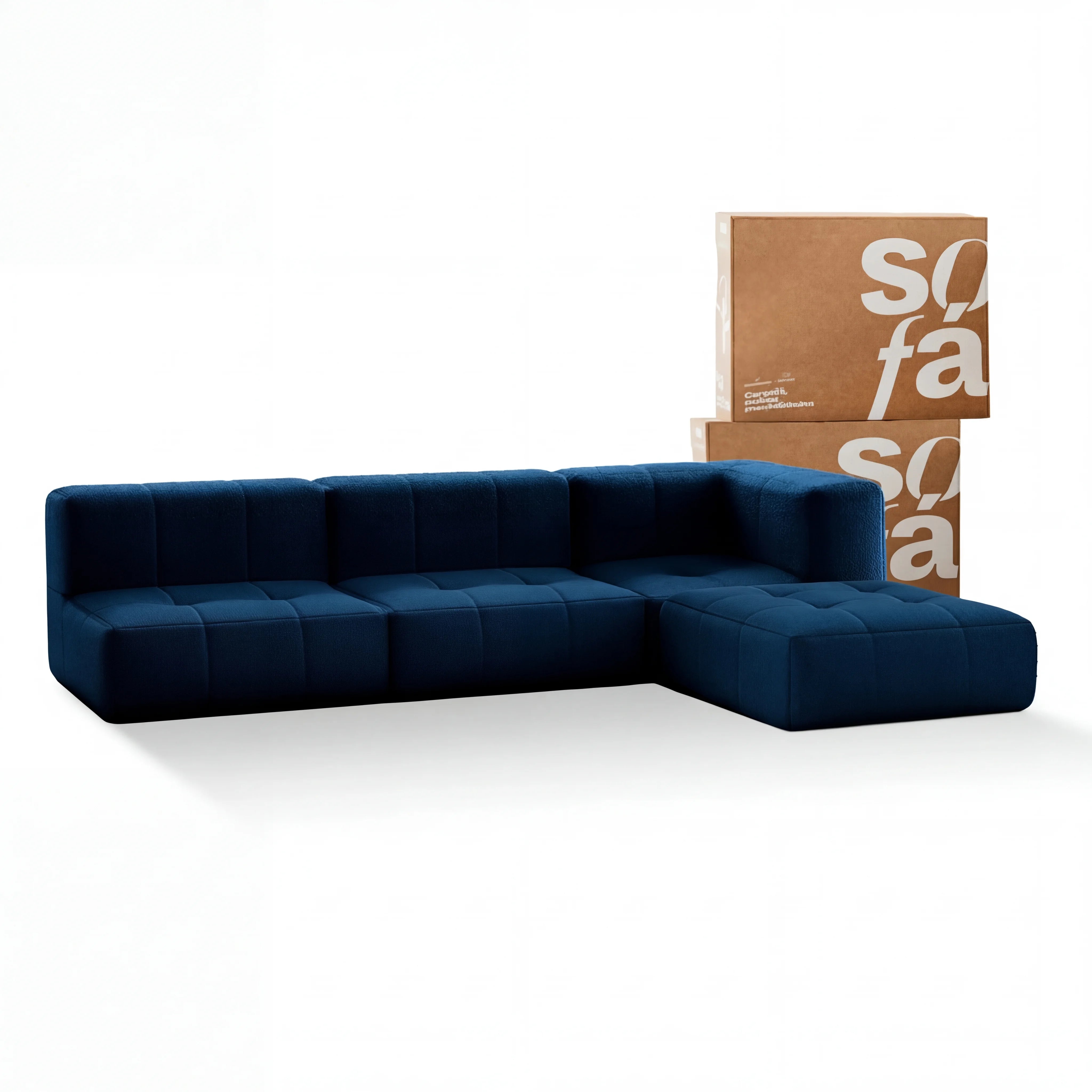Sofá na Caixa modular 3 lugares em Boucle - 1 Braço com Chaise - Azul