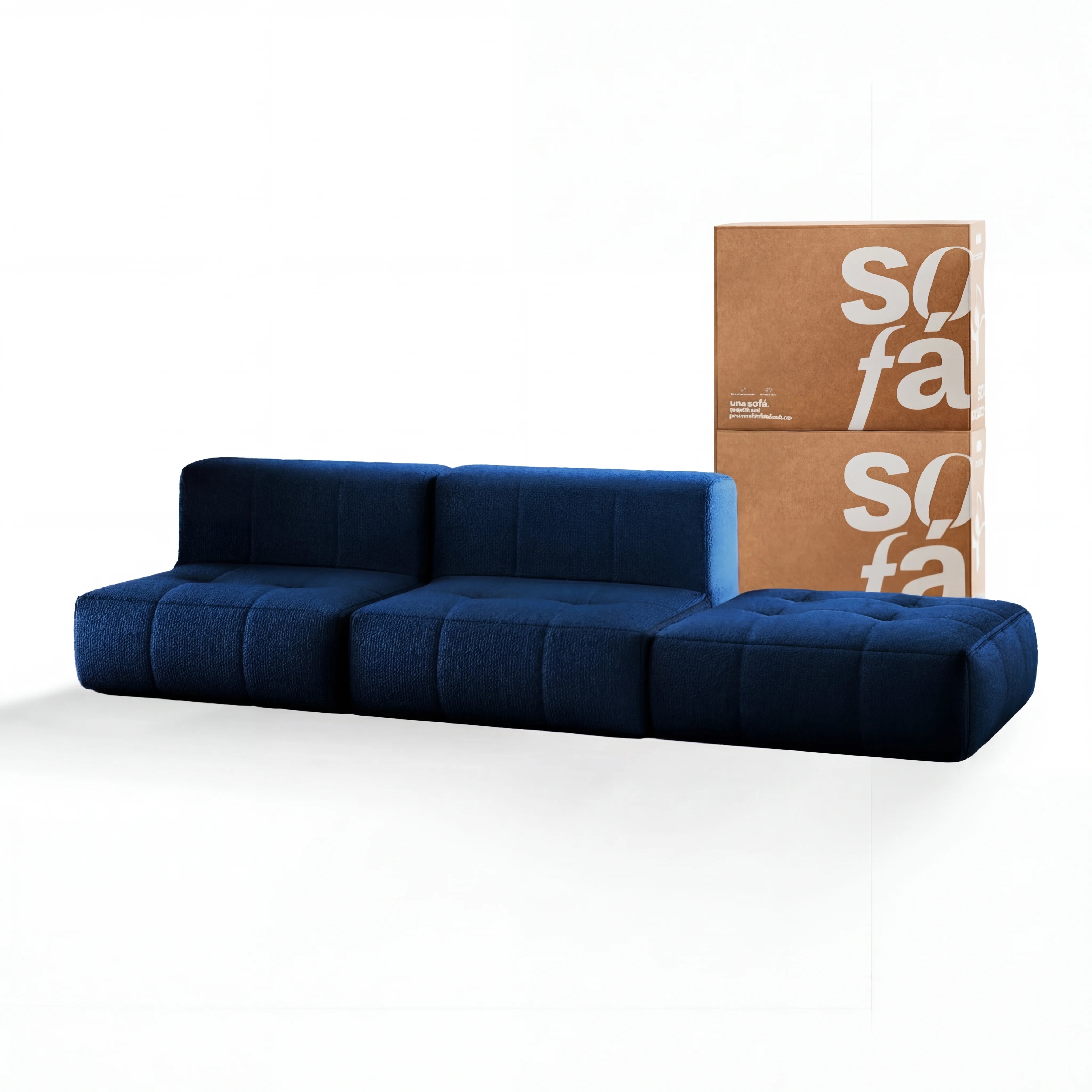 Sofá na Caixa modular 2 lugares em Boucle - 2 Poltronas com Apoio de pé - Azul