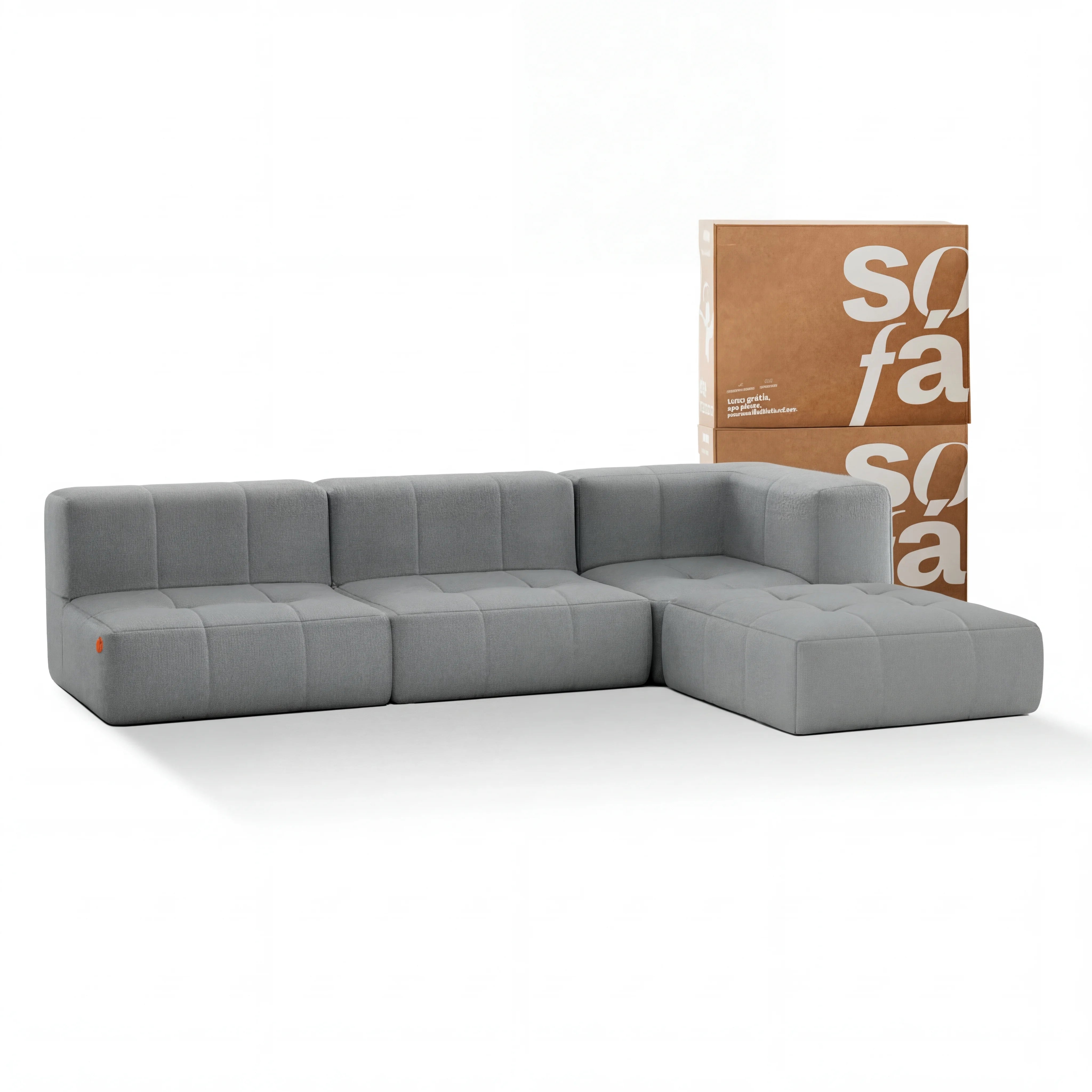 Sofá na Caixa modular 3 lugares em Boucle - 1 Braço com Chaise - Cinza