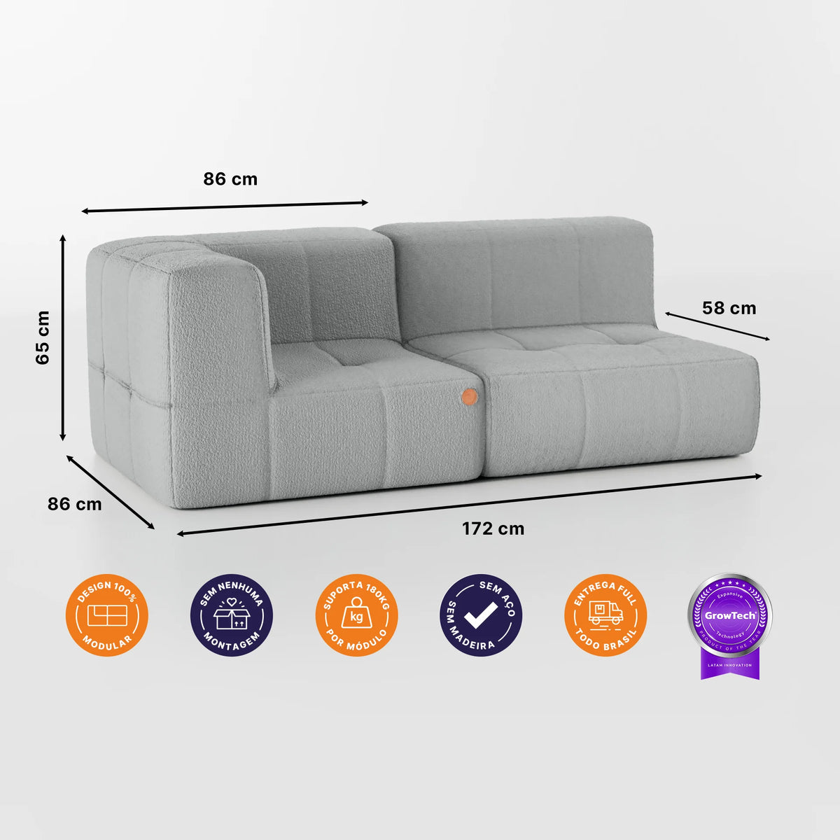 Sofá na Caixa modular 1 lugar Canto com chaise em Boucle - Cinza · medidas e dimensões